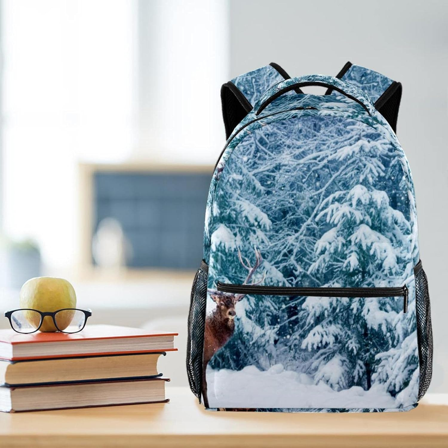 Deer Male with Big Horns in the Winter Snowy Forest Backpack Students Shoulder Bags Travel Bag College School Tote Backpacks image number 1