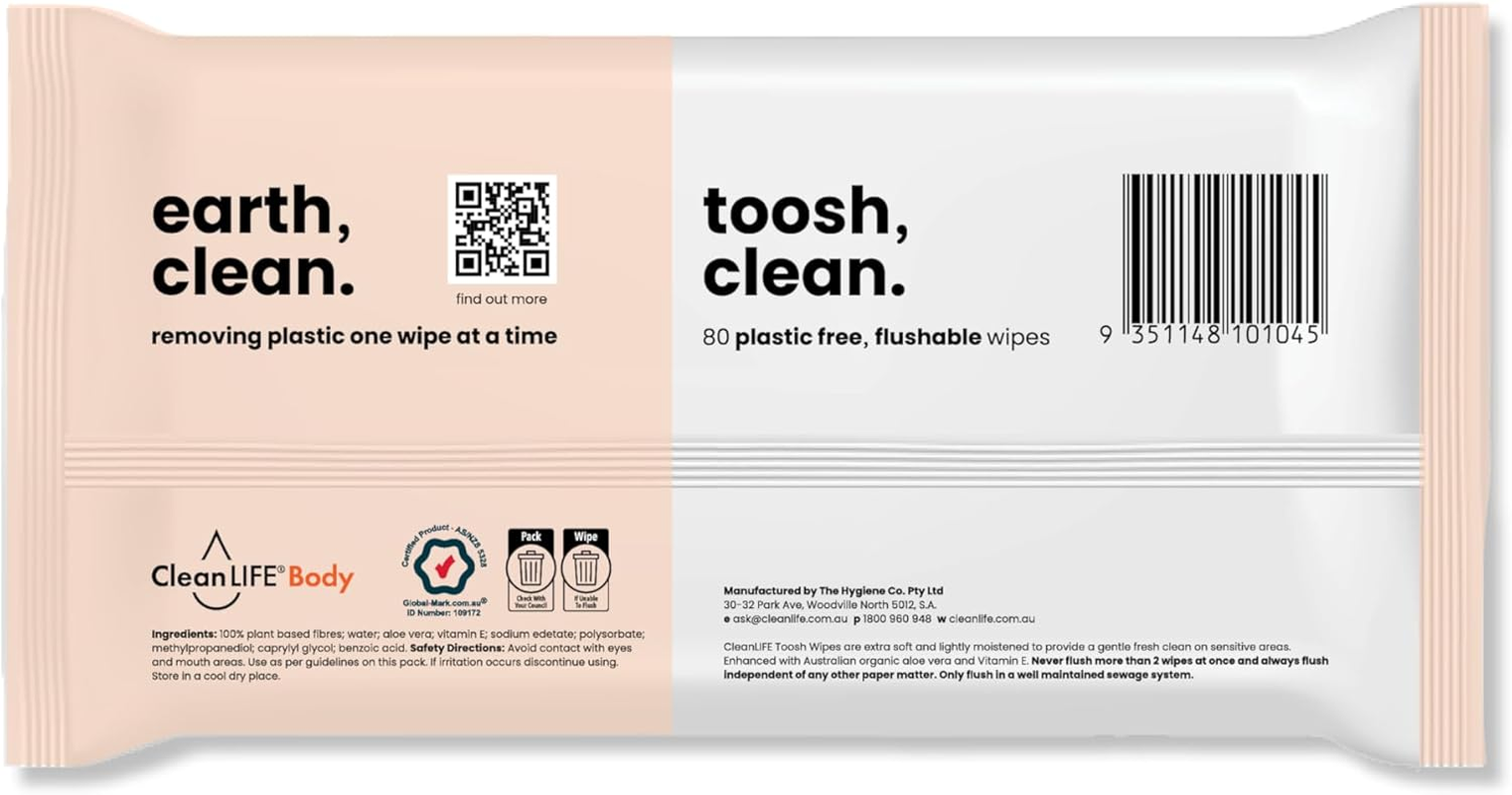 Toosh Clean 80 Flushable Wipes X 12 Packs - Plastic Free, Bio-Degradable, Flushable, Australian Made and Owned