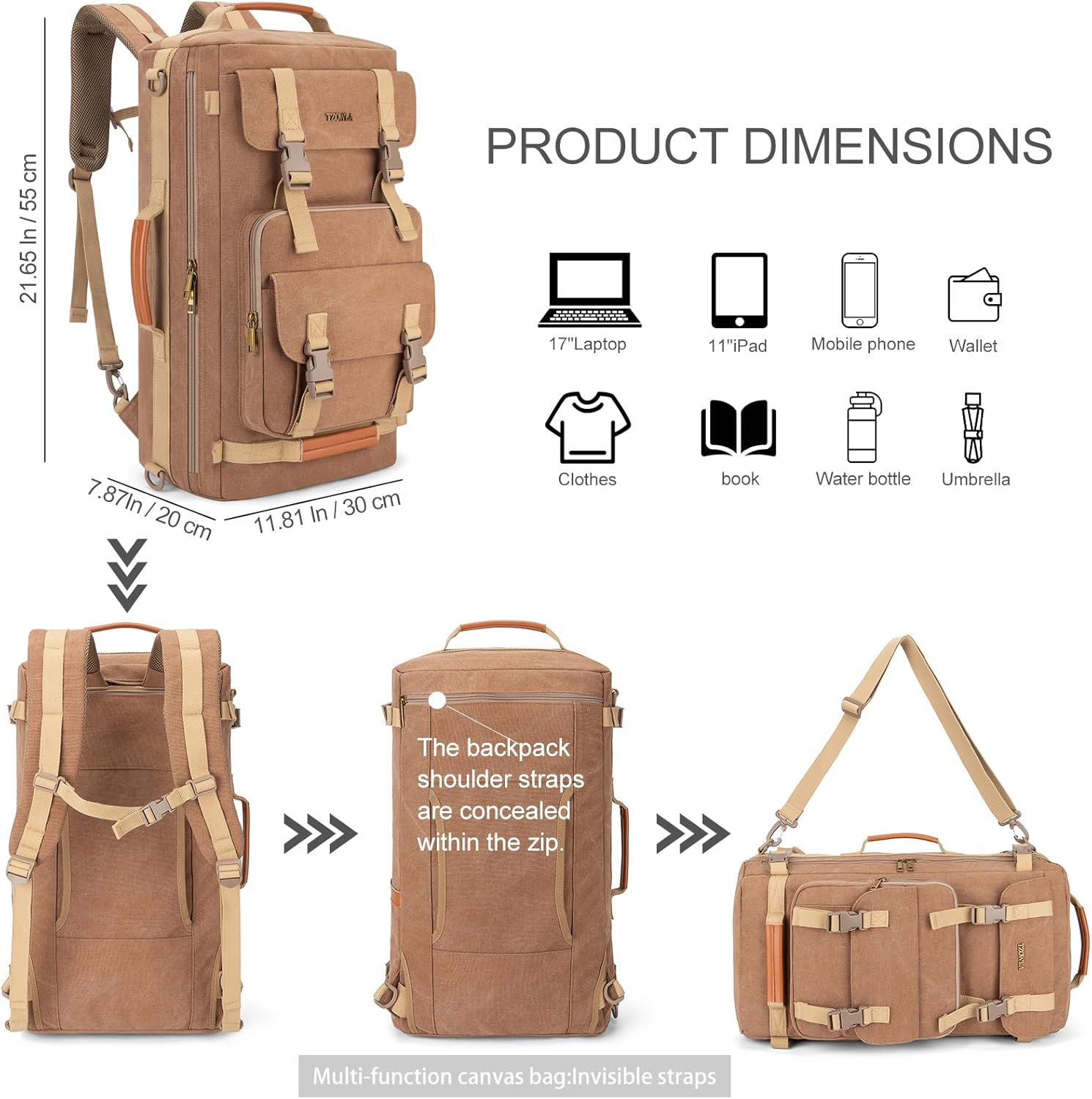 Tzowla Canvas Travel Backpack Carry on Flight Approved,Large Vintage Messenger Bag,3-In-1 Convertible Backpacks Duffel Bag,Personal Ltem Laptop Rucksack for Men and Women Fit 17 Inch Laptop