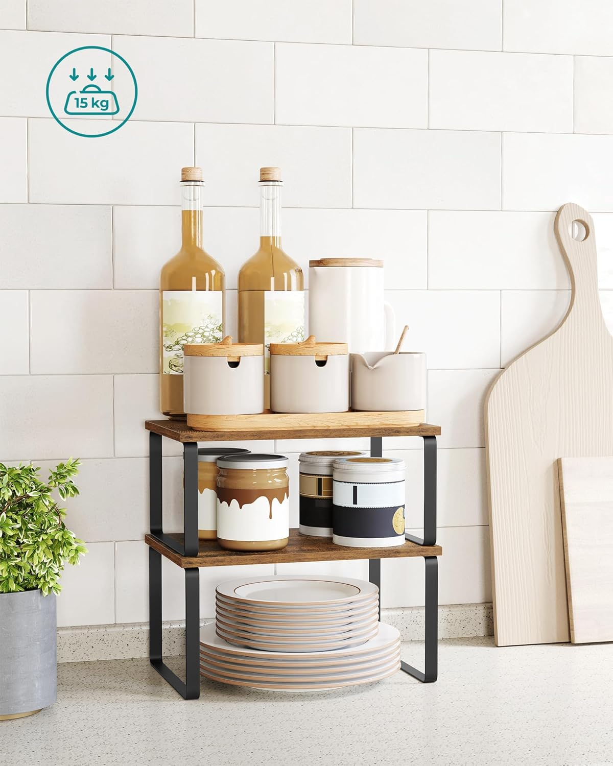 SONGMICS Spice Rack, Set of 2, Kitchen Rack, Kitchen Organiser, Expandable, Spice Holder, Stackable, Made of Metal and Chipboard, Ink Black Vintage Brown KCS020X01 image number 6