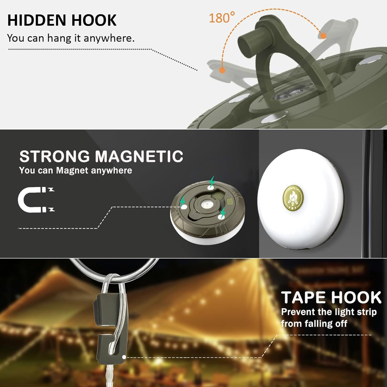 Camping String Lights, 4 in 1 Outdoor Camping Lantern with 8 Lighting Modes(32.8Ft), Quick 30S Recovery, IPX4 Waterproof, Type-C Fast Charging, Portable Camping Lights for Camping/Yard/Hiking image number 2