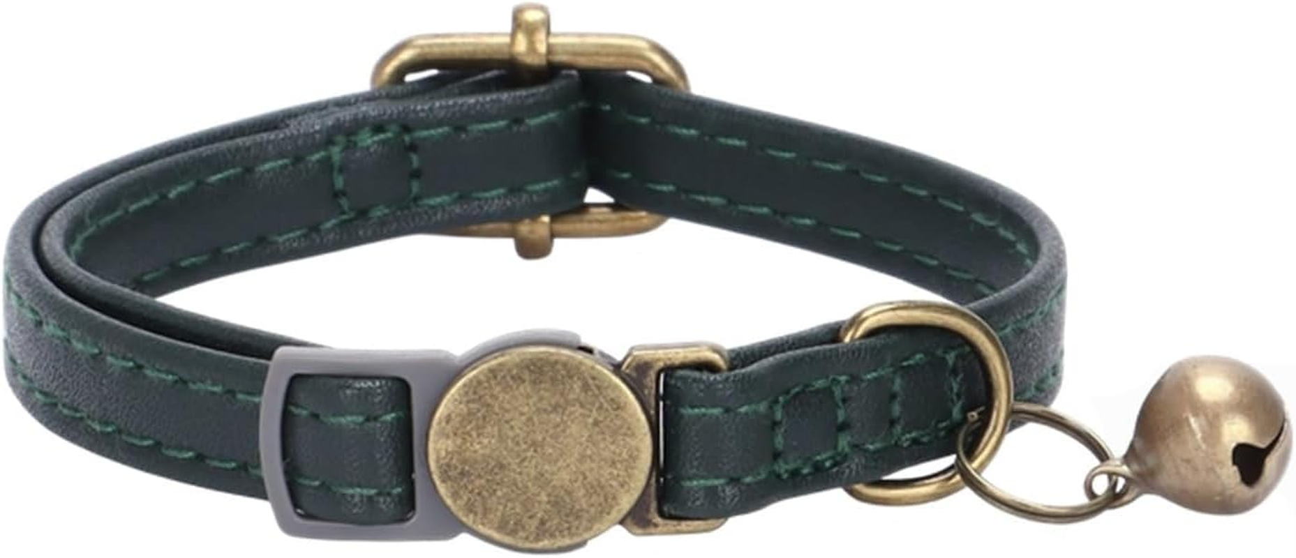 Leather Cat Collar with Bell Breakaway- Adjustable, Durable, Retro Bell Fit Most Cats and Kittens (Dark Green, 1.0 * 30CM) image number 2