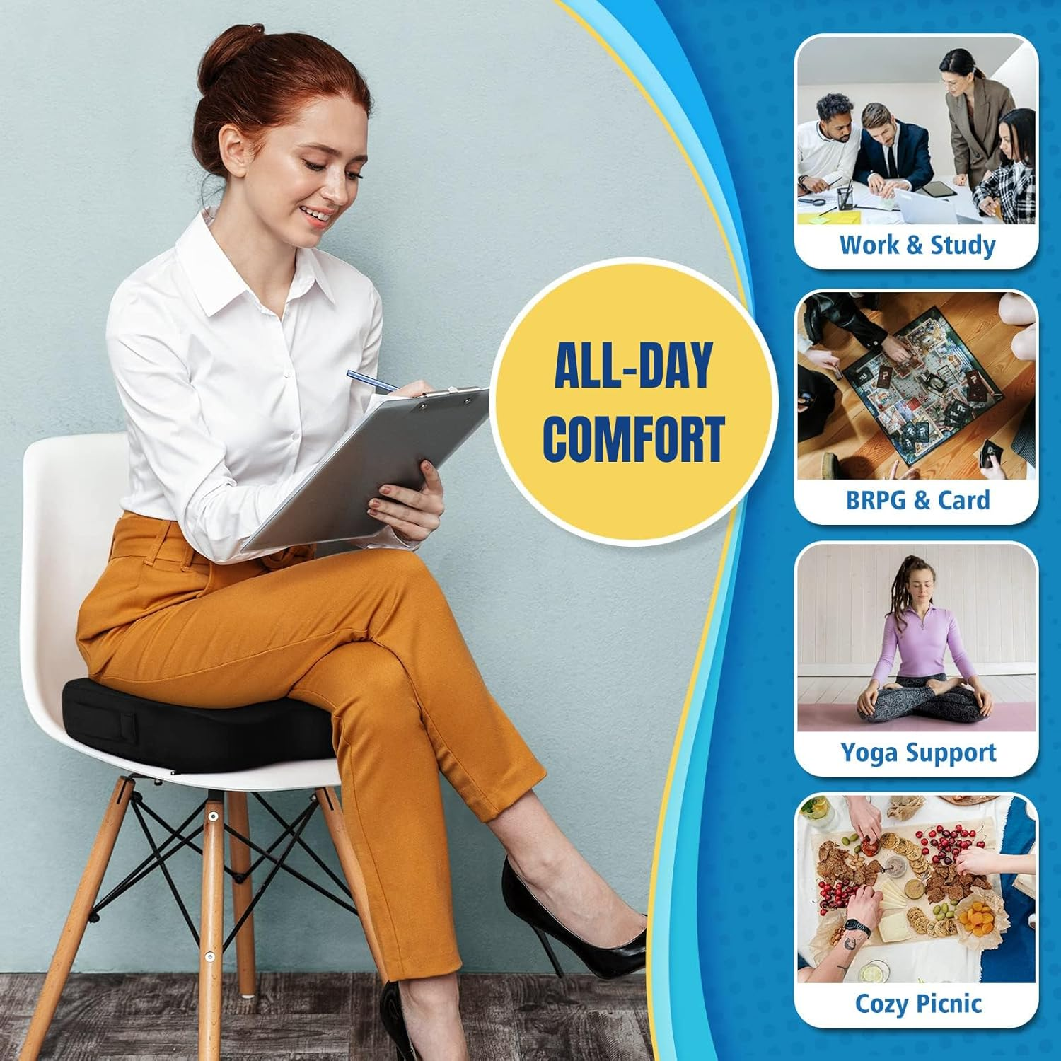 Seat Cushion for Office Chair, JOMWEN Memory Foam Non-Slip Cushion for Back Coccyx Tailbone Pain Relief, Butt Pillow for Office Chair, Car, Airplane, Black image number 1