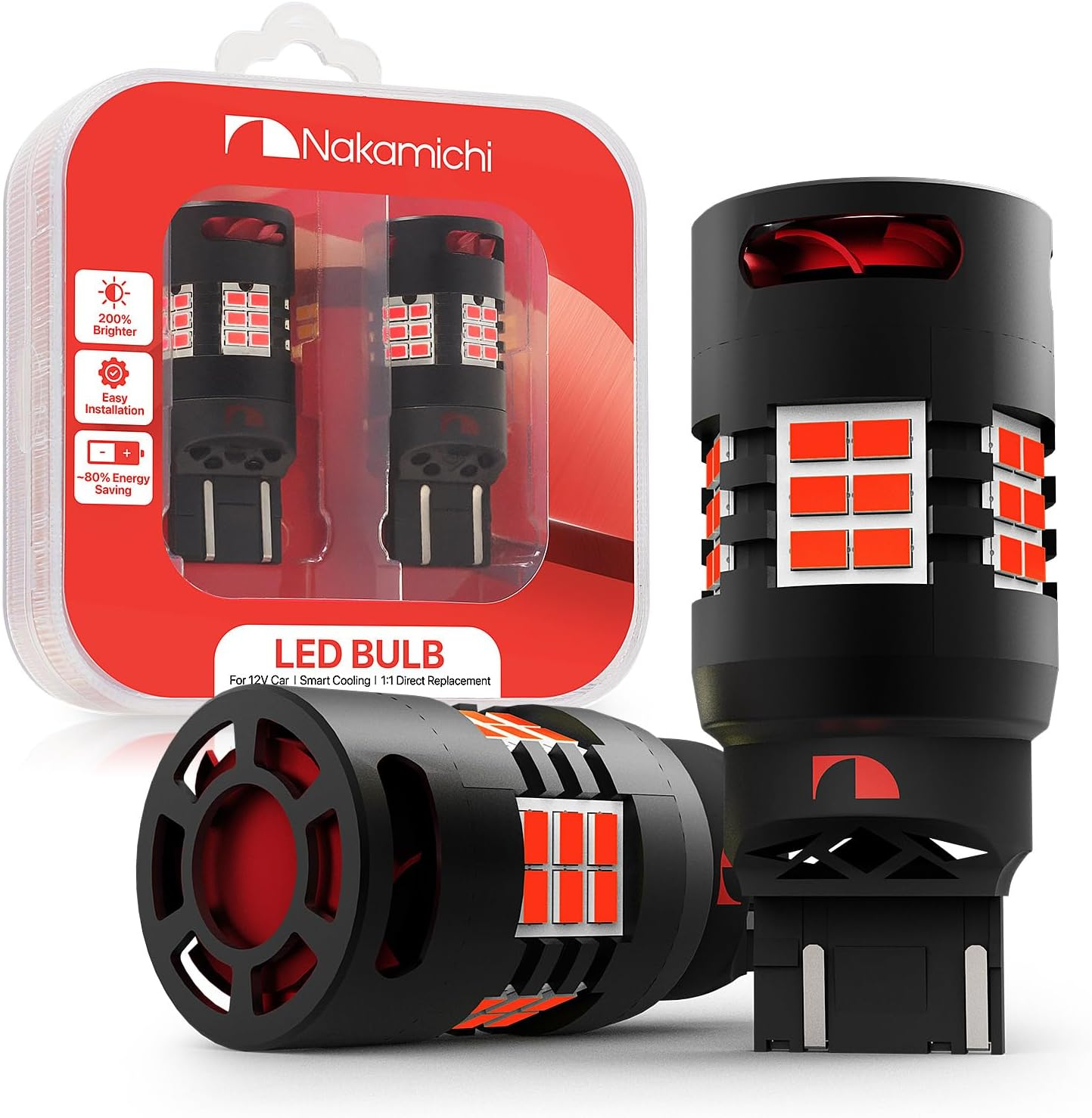 Nakamichi T20 7443 7441 7444 (W21/5W) Car LED Bulb 30-SMD 3020 Chip with Canbus Error-Free 12,000 RPM Fan for Brake Turn Signal Indicator Reverse Backup Tail Light (Monza Red, 30 Leds, Pack of 2) image number 5