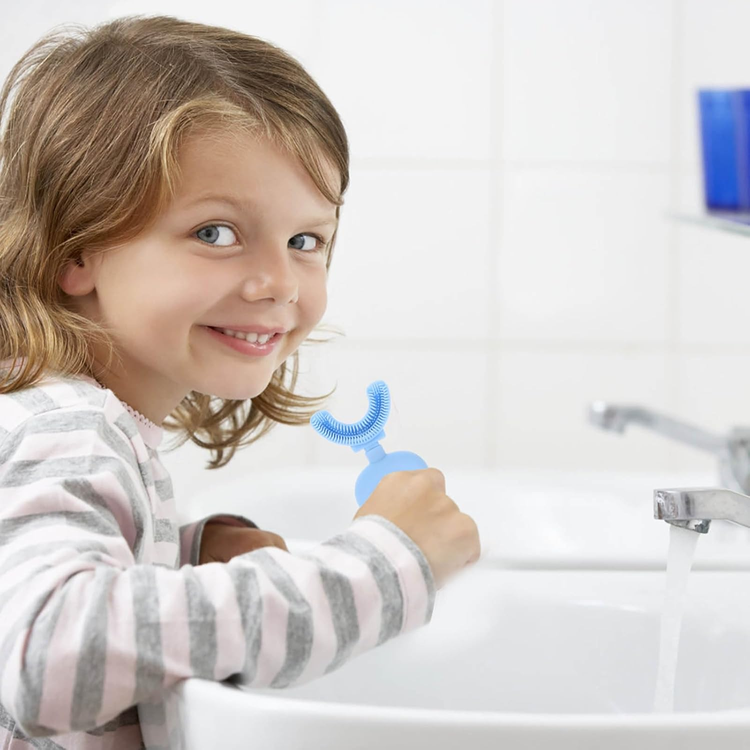 Minkissy Kids Manual Toothbrush Toddler U Shaped Soft Silicone Cleaning Tooth Brush Ages 3-8 Boy Girls Funny Snowman Design Rounded Head Home & Travel Use Blue image number 4