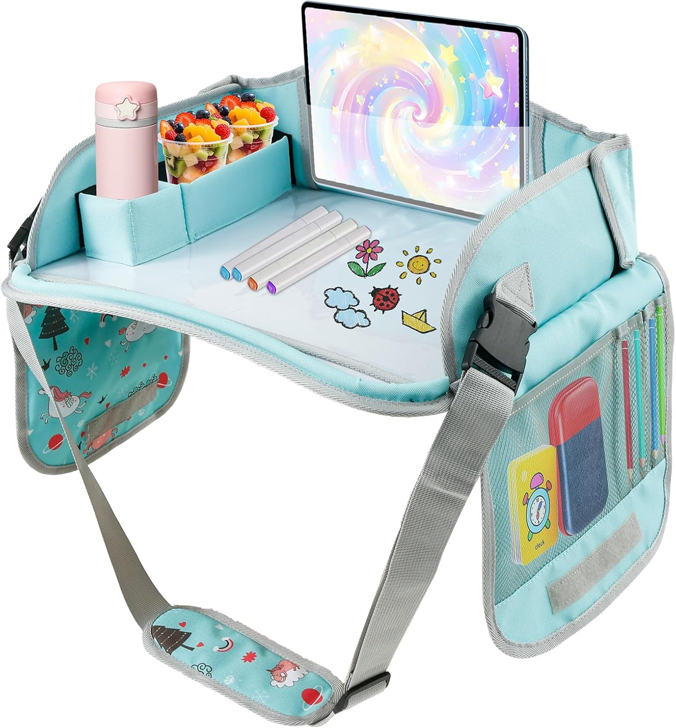 Kids Travel Tray for Toddler Car Seat, Easy to Install Toddler Lap Desk Travel with Adjustable Strap Portable Kids Lap Desk Tray for Car Road Trip Activities (Pink, Style B)