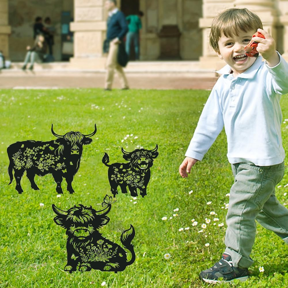 3PCS Outdoor Black Highland Cow Metal Silhouette Statues Garden Decor Sets, Outdoor Decor, Yard Art, Patio, Lawn Ornaments,Funny Outdoor Decor for Garden, Gifts for Women Men Highland Cow Lovers image number 2