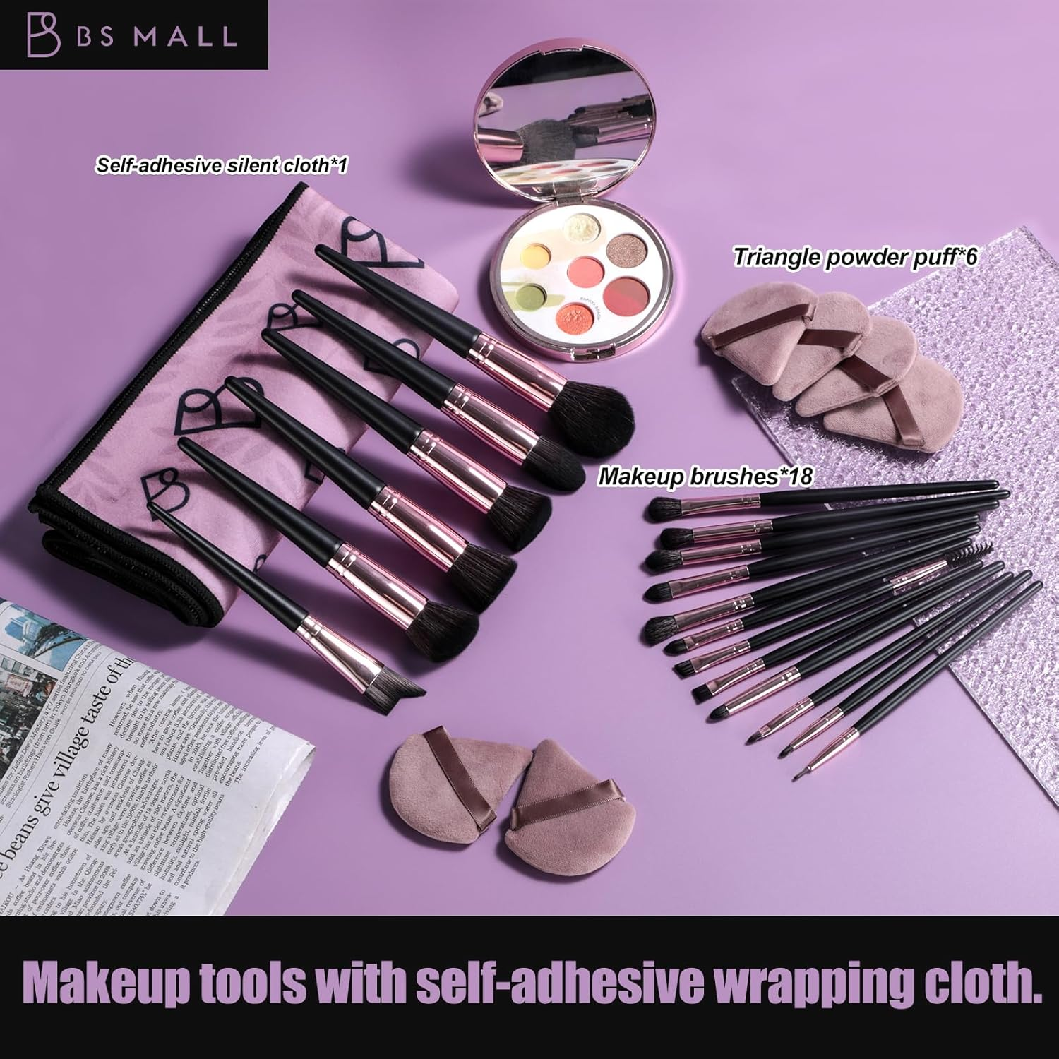 BS-MALL Makeup Brushes Set 25 Pcs with Triangle Puff &ndash; Travel-Friendly Magic Tape Storage Bag for Brush Organization, Black and Pink image number 3