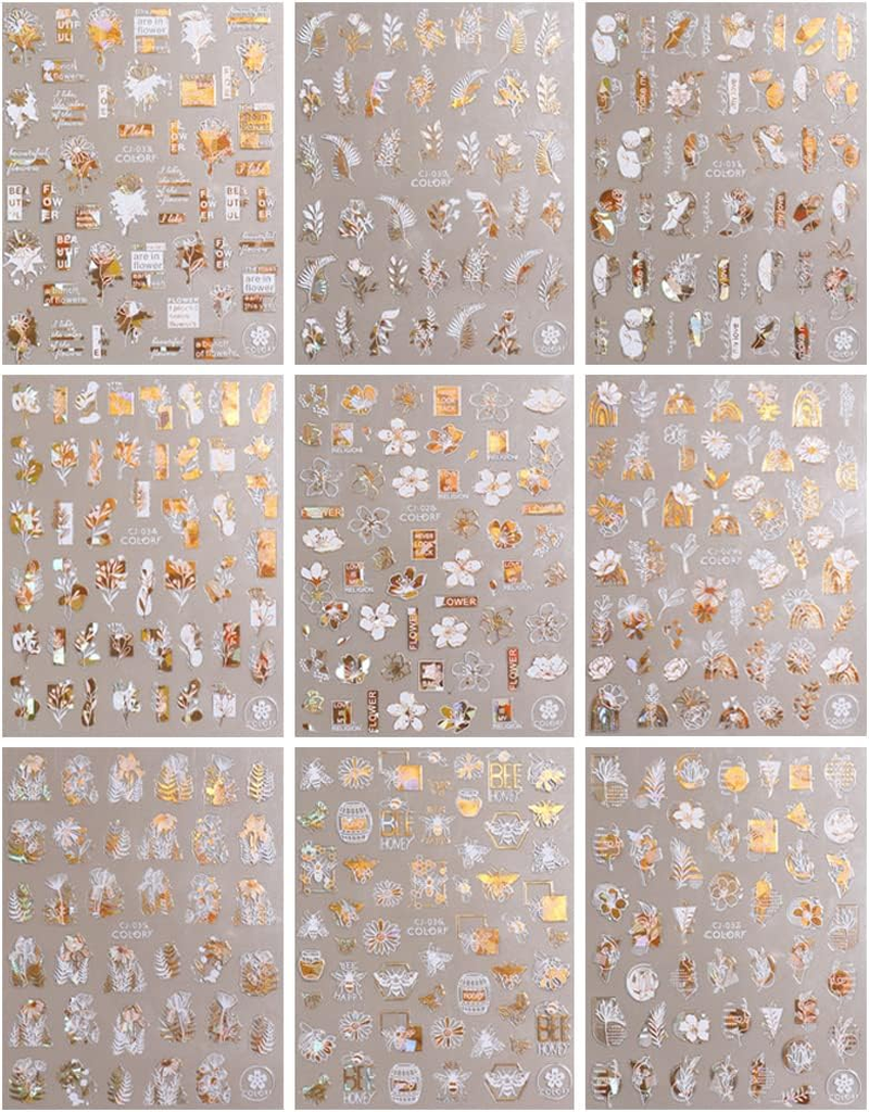 Flower Nail Stickers, 3D Metal Gold Spring Nail Decals Metallic Gold White Cherry Blossoms Leaves Bees Flowers Spring Nail Art Design DIY Nail Decoration for Women Kids(9 Sheets)