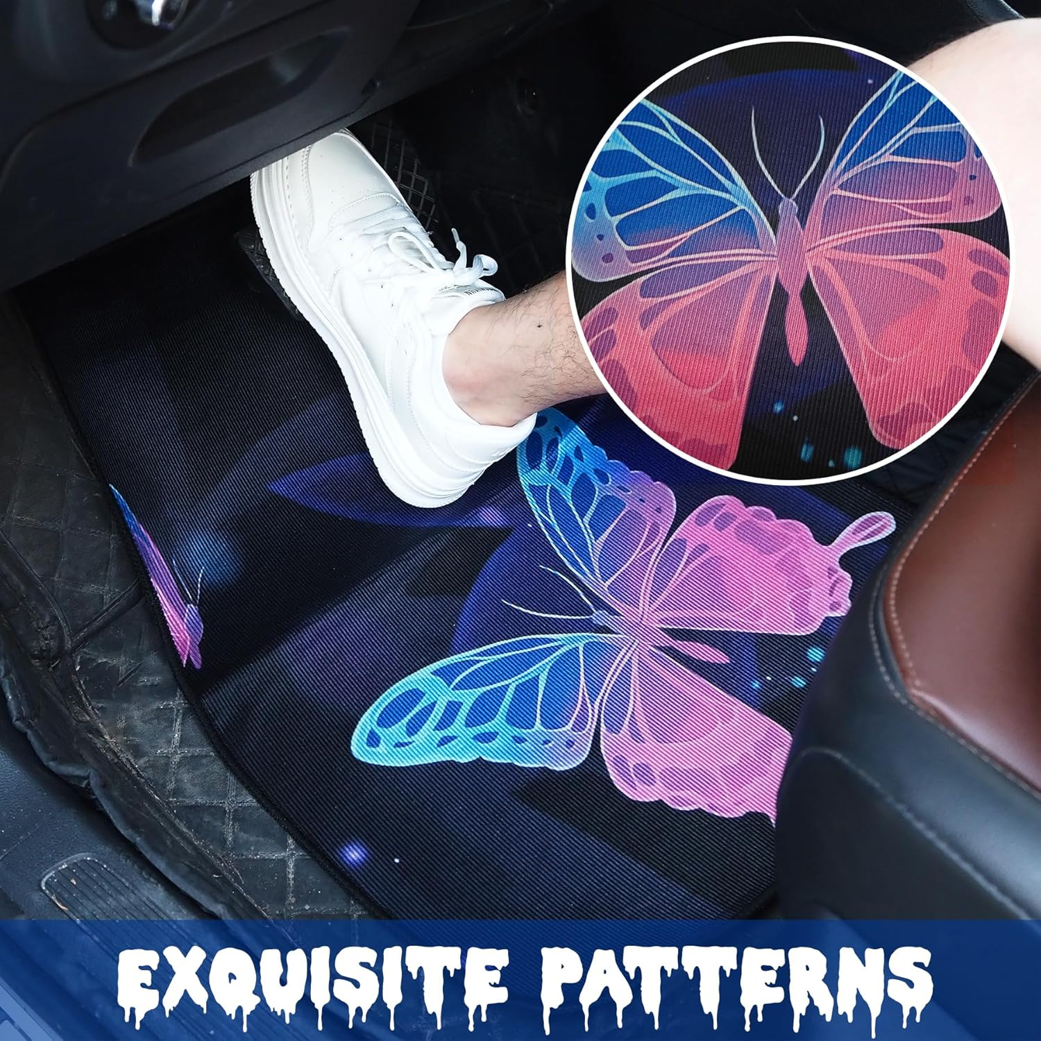 Automotive Floor Mats, Universal Fit All Weather Car Carpet Full Set, Halloween Skeletons Skull Butterfly Bats Printed Floor Mats Rugs Decor for Sedan, Suvs, Truck, Vans (Purple-Butterfly) - Blue-Skull image number 6