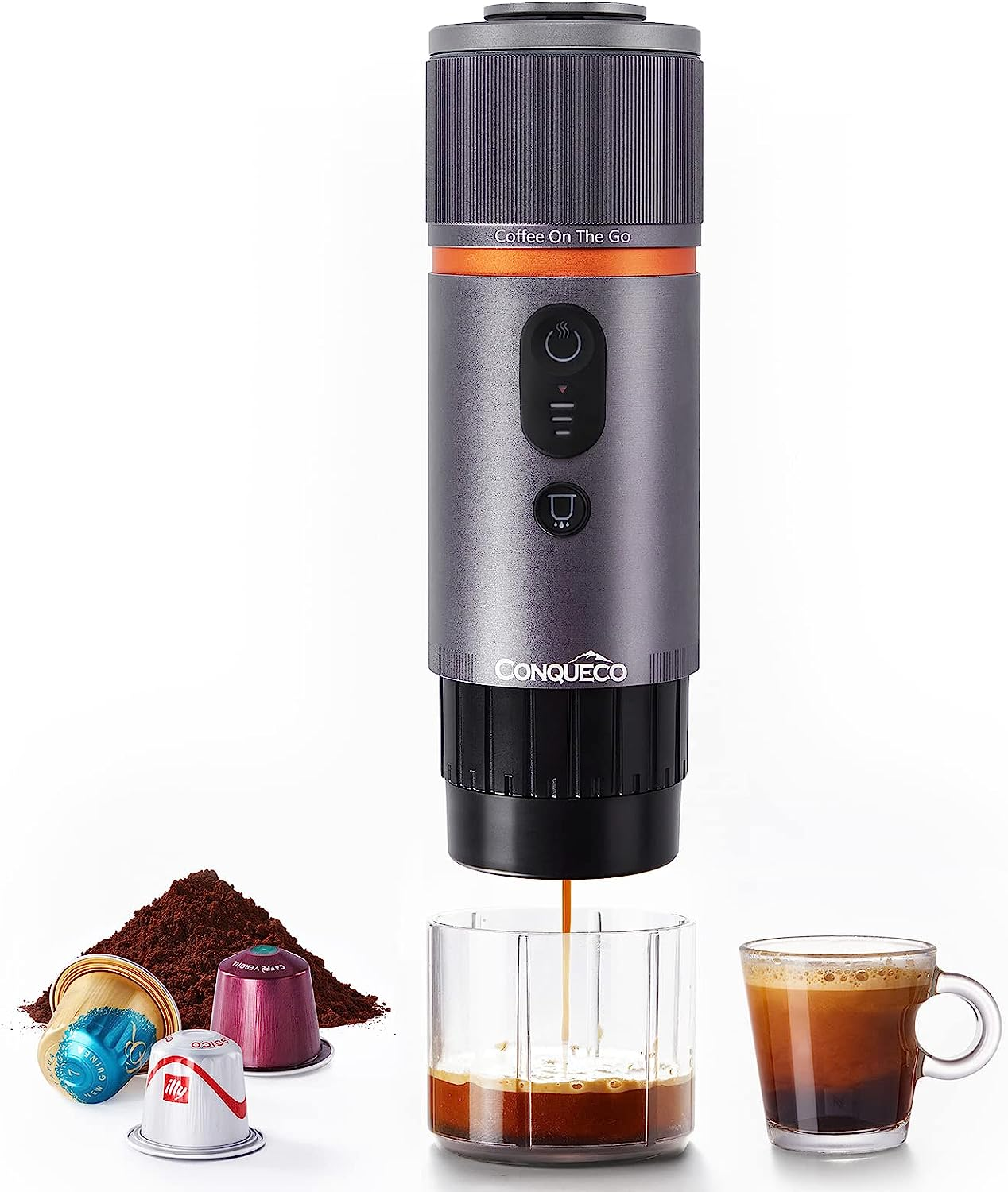 CONQUECO Portable Espresso Machine Travel - 12V Car Coffee Maker with Battery for Camping - Small Electric - 3 Mins Heating - Rechargeable USB Charging (Silvery)