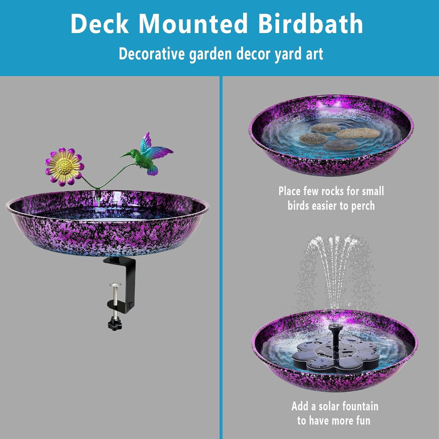 Deck Bird Bath for Outdoors, 11 Inch Colorful Purple/Blue Metal Birdbath Bowl Adjustable Steel Clamp Mounted Garden Bird Bath Feeder for Railing Balcony Outdoor Decor Yard Art image number 5