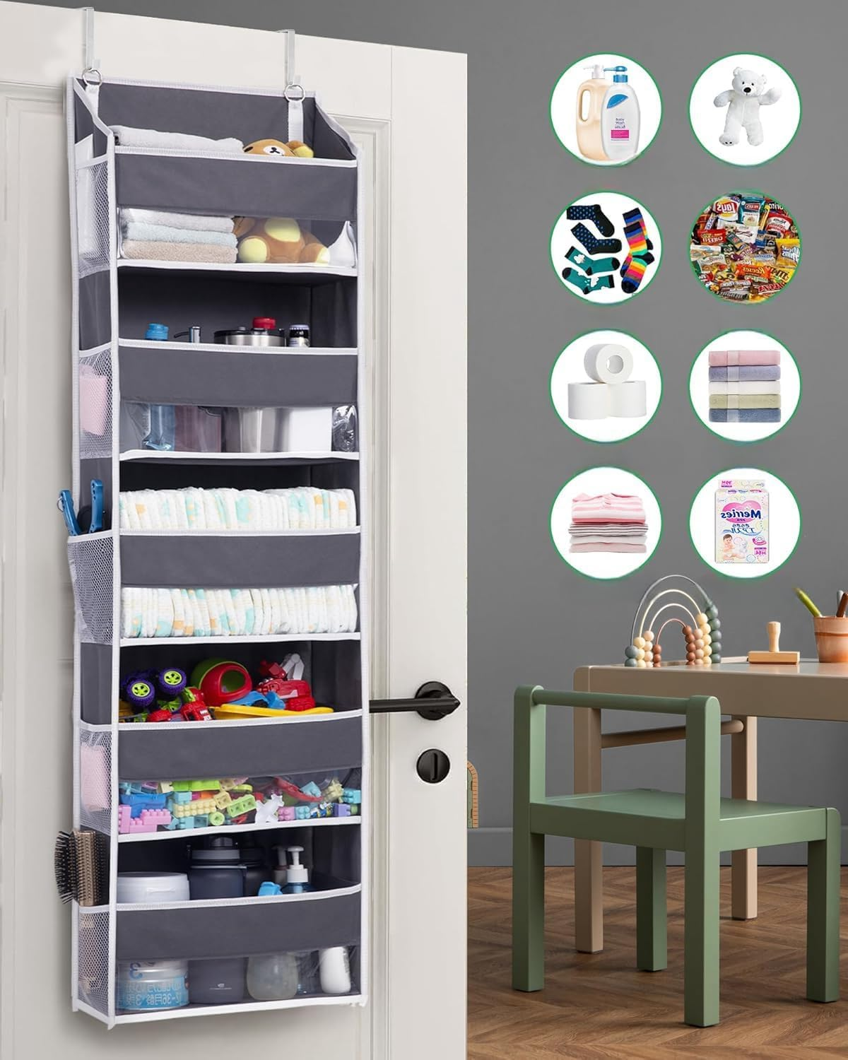 Maximize Space with 1 Pack over Door Organizer - 5 Large Pockets & 10 Mesh Side Pockets for Kids Toys, Shoes, Diapers - 44 Lbs Capacity in Dark Grey, 5 Layers with Clear Window! image number 2