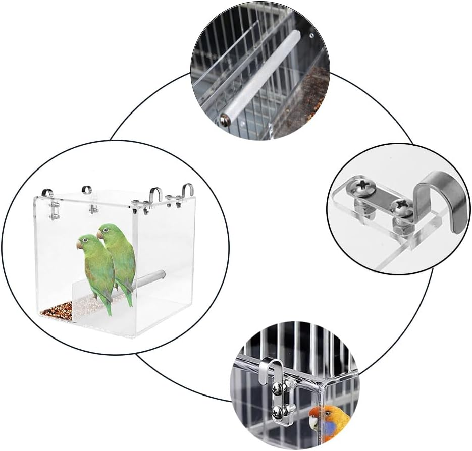 Esforzarse No Mess Bird Feeder for Cage, 16 X16 X 16 Cm Bird Cage Feeder, No Spill Automatic Bird Feeder, Automatic Acrylic Bird Feeder Seed Catcher Tray Cage with Stainless Steel Hooks image number 1