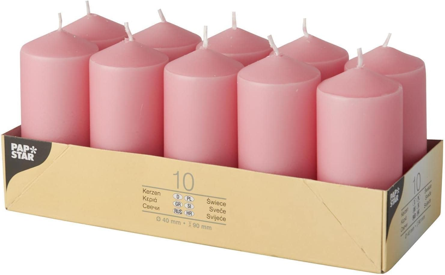 Papstar 17913, 10 Pillar Candles, &Oslash; 40 Mm, 90 Mm, Dark Pink, Burning Time: Approx. 9 Hours image number 1