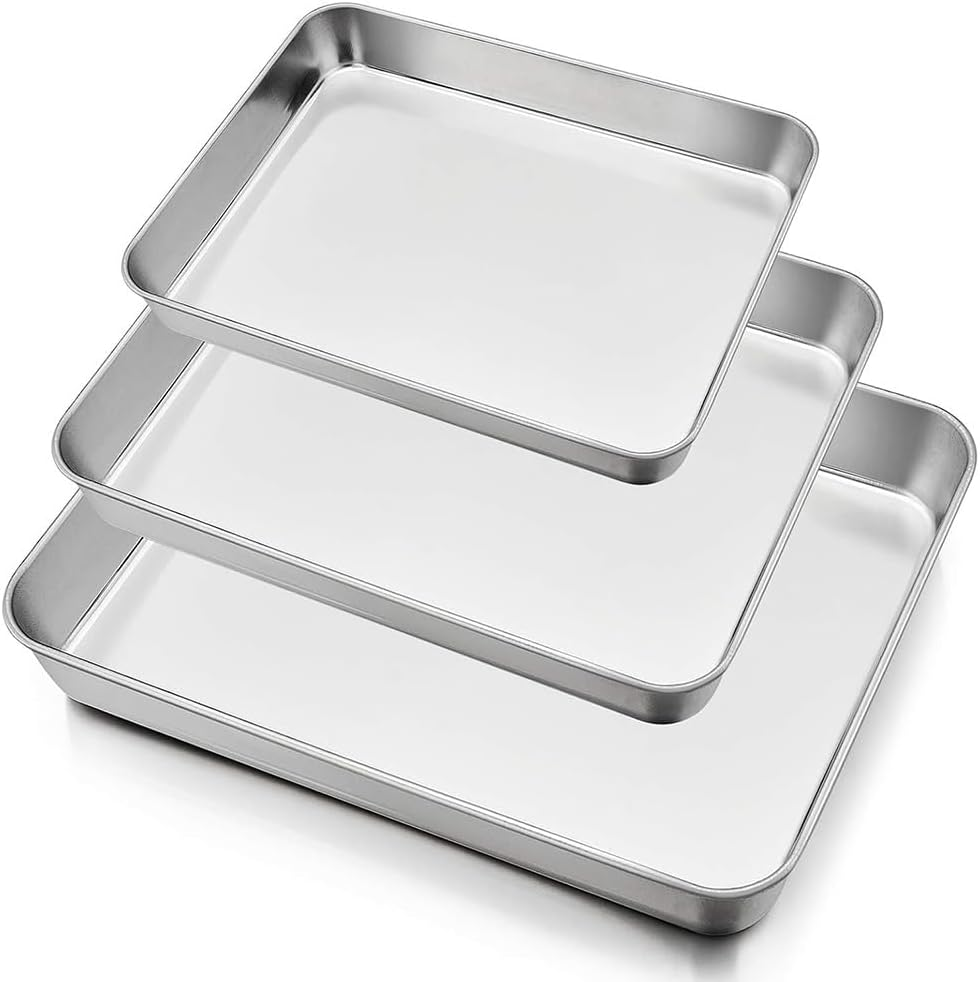 Baking Sheet Set of 3, Stainless Steel Baking Tray, 26/31/40CM, Healthy & Heavy-Duty, Easy Clean Plate, Rectangle Bakeware Set, for Lasagna Cake Brownie image number 5