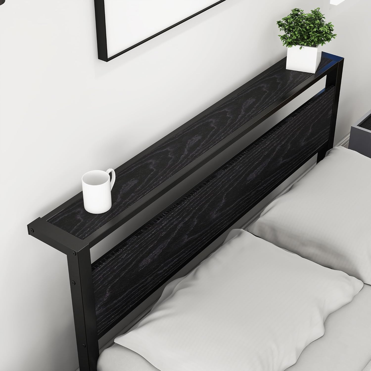 Queen Bed Frame with Wood Storage Headboard, Metal Platform Bed Frame Queen Size No Box Spring Needed, Strong Slats Mattress Foundation, Non-Slip Noise Free, Easy Assembly, Black image number 1