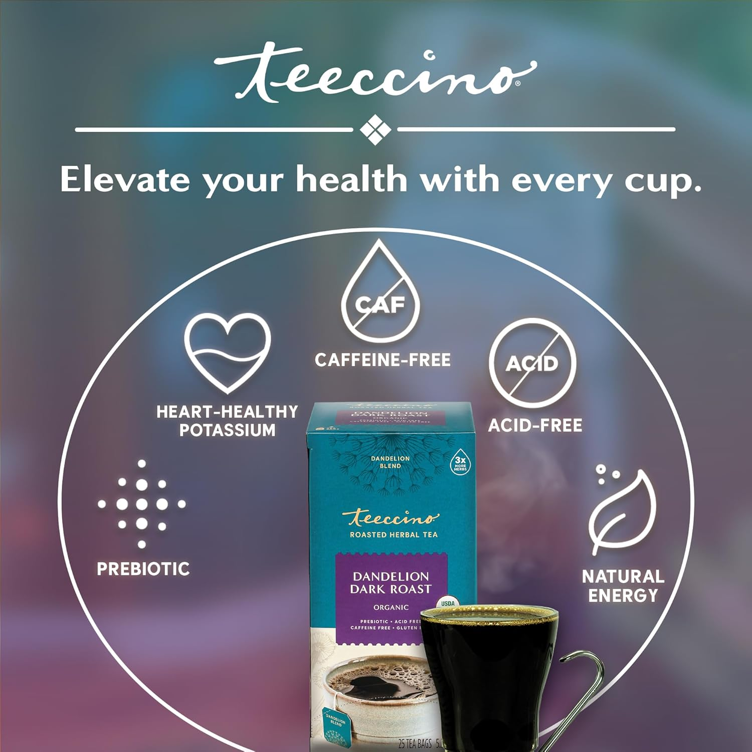 Teeccino Organic Dandelion Dark Roast Roasted Caffeine Free Herbal Tea 150 G, 25 Teabags image number 1
