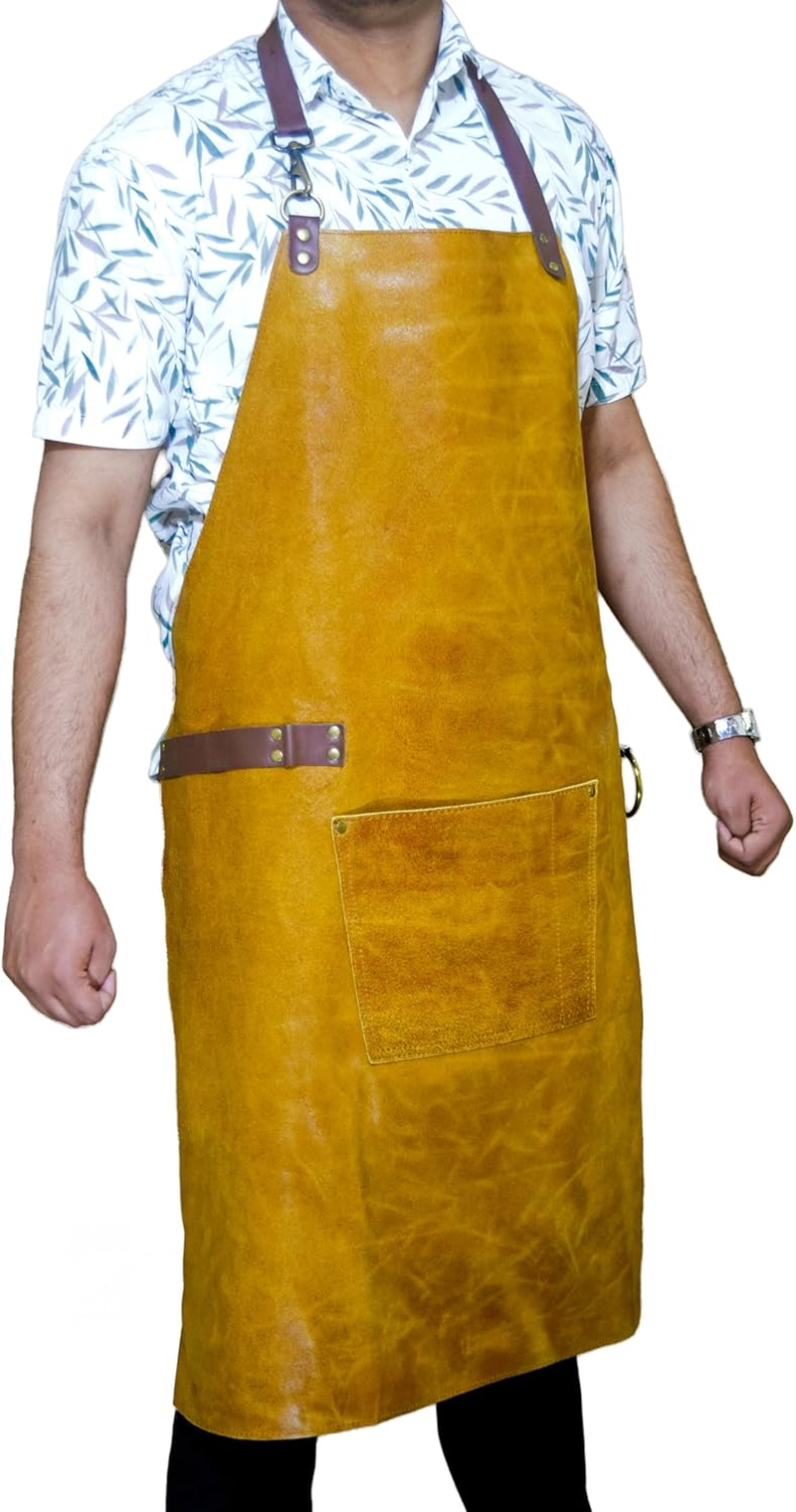 Premium Dual-Tone Yellow Leather Apron 36"X26" &ndash; Vintage Heavy-Duty Work Apron with Adjustable Straps, Brass Hardware & Tool Pockets &ndash; for BBQ, Bartending, Blacksmithing & Woodworking image number 5