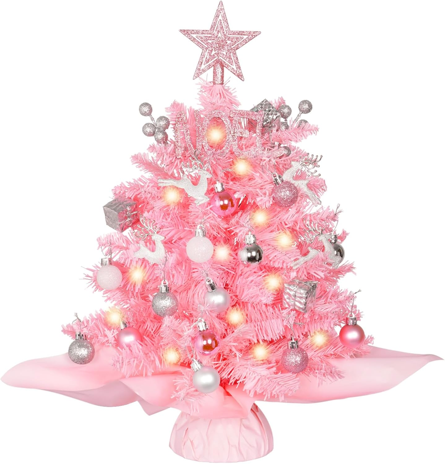 20" Mini Pink Christmas Tree, Artificial Small Table Top Christmas Tree with Warm Lights, Star Treetop and Ornaments, Tabletop Christmas Tree for DIY Pink Christmas Decoration Gifts