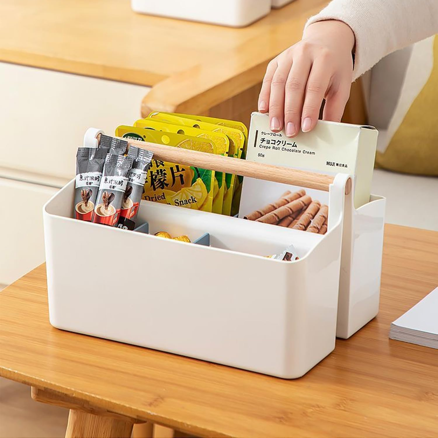 KAIGITE Large Portable Plastic Caddy with Handle, Adjustable Dividers Basket Storage Organizer Bin for Makeup, Art Supplies, Crafts, Stationery (Large Size) image number 2