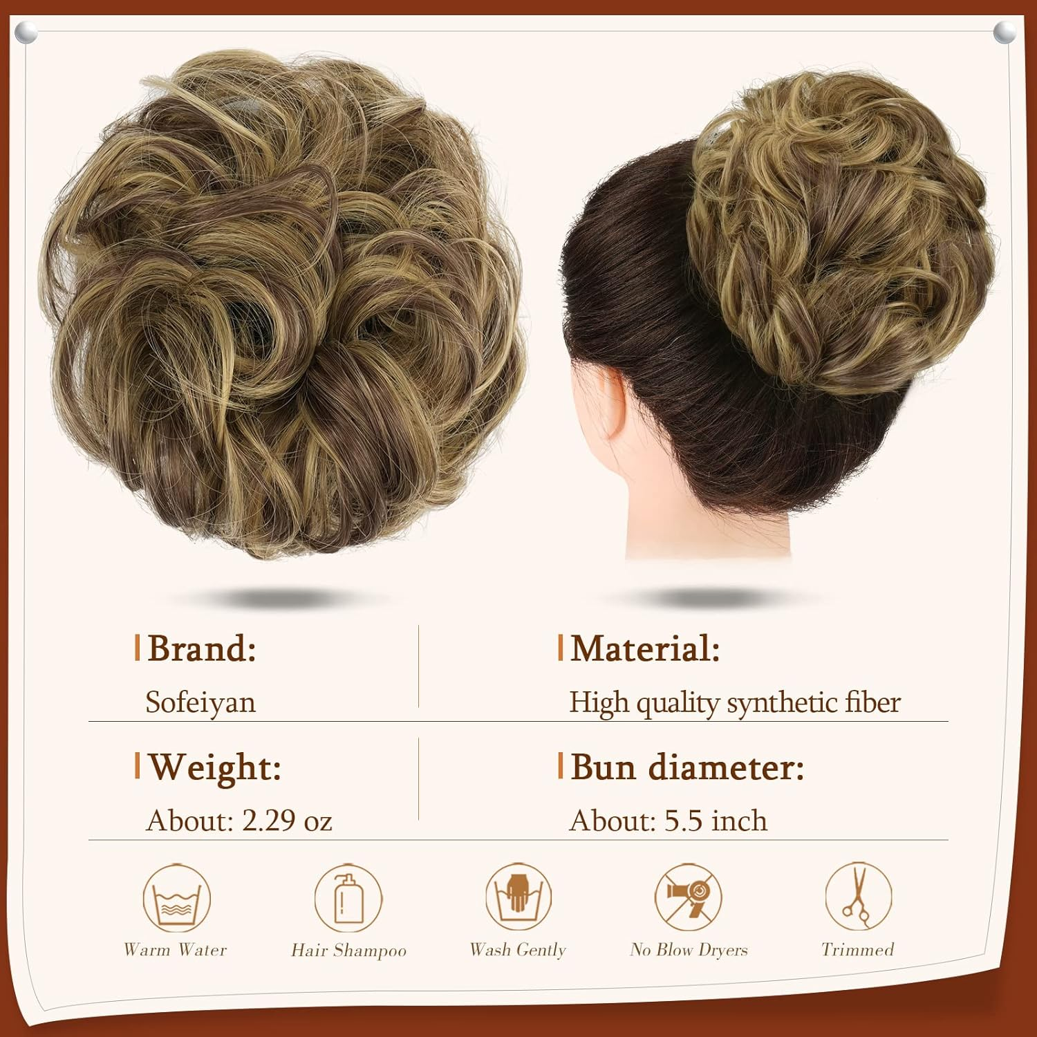 Sofeiyan Messy Bun Hairpiece Curly Hair Bun Claw Clip in Chignon Ponytail Hairpieces Synthetic Updo Hair Extensions for Women, Blonde & Medium Brown - Blonde  Medium Brown image number 3