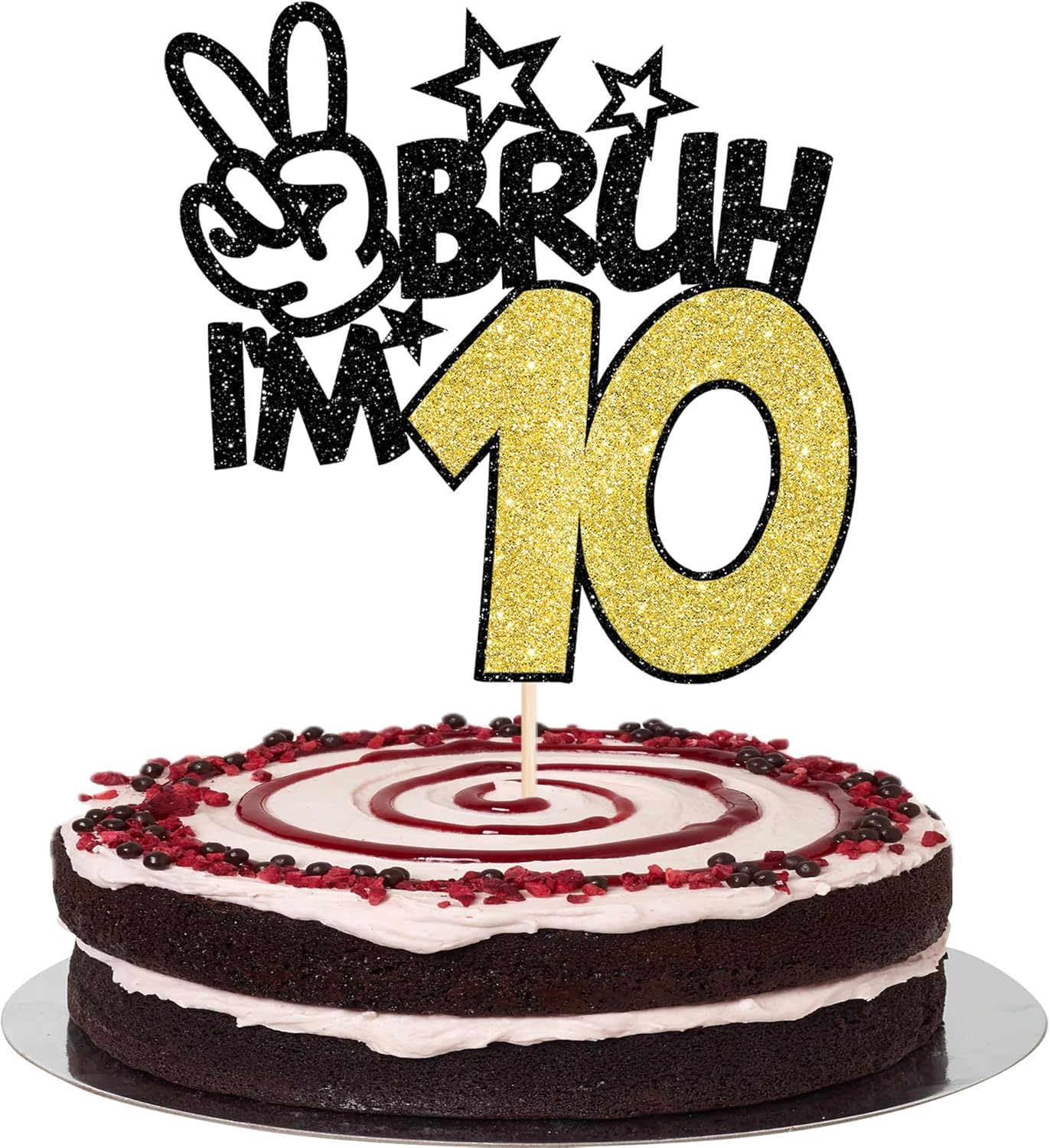 1 Pack Black Glitter Bruh I'M 10 Cake Topper Glitter Happy 10Th Birthday Cake Pick Funny 10Th Birthday Cake Decorations Party Supplies (Black Gold, 10Th 01)