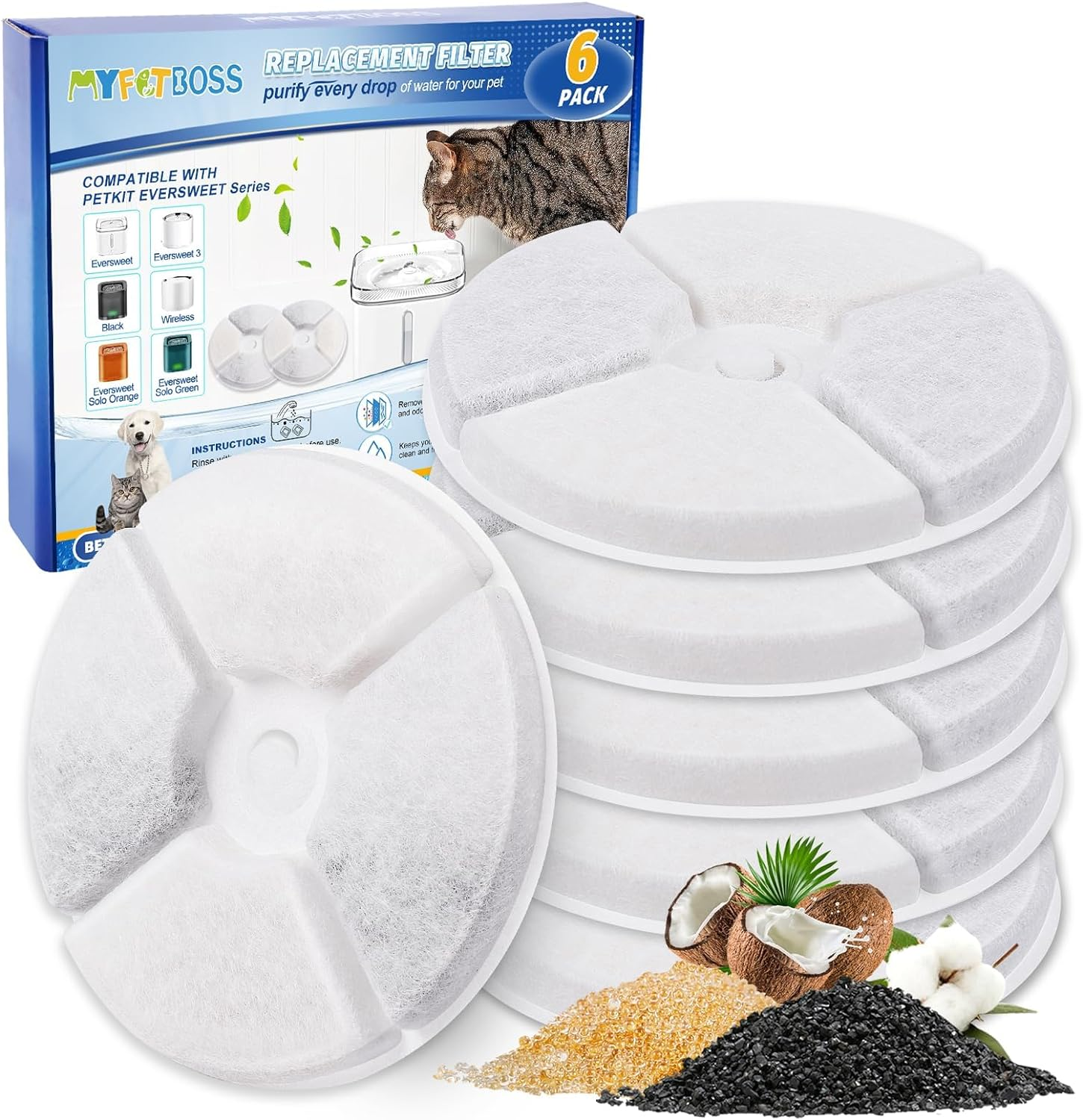 Cat Water Fountain Filter, Cat Fountain Filter Replacement, 6 Pack Water Fountain Filters for Petkit EVERSWEET Series Pet Water Fountain, MFB00122AU image number 4