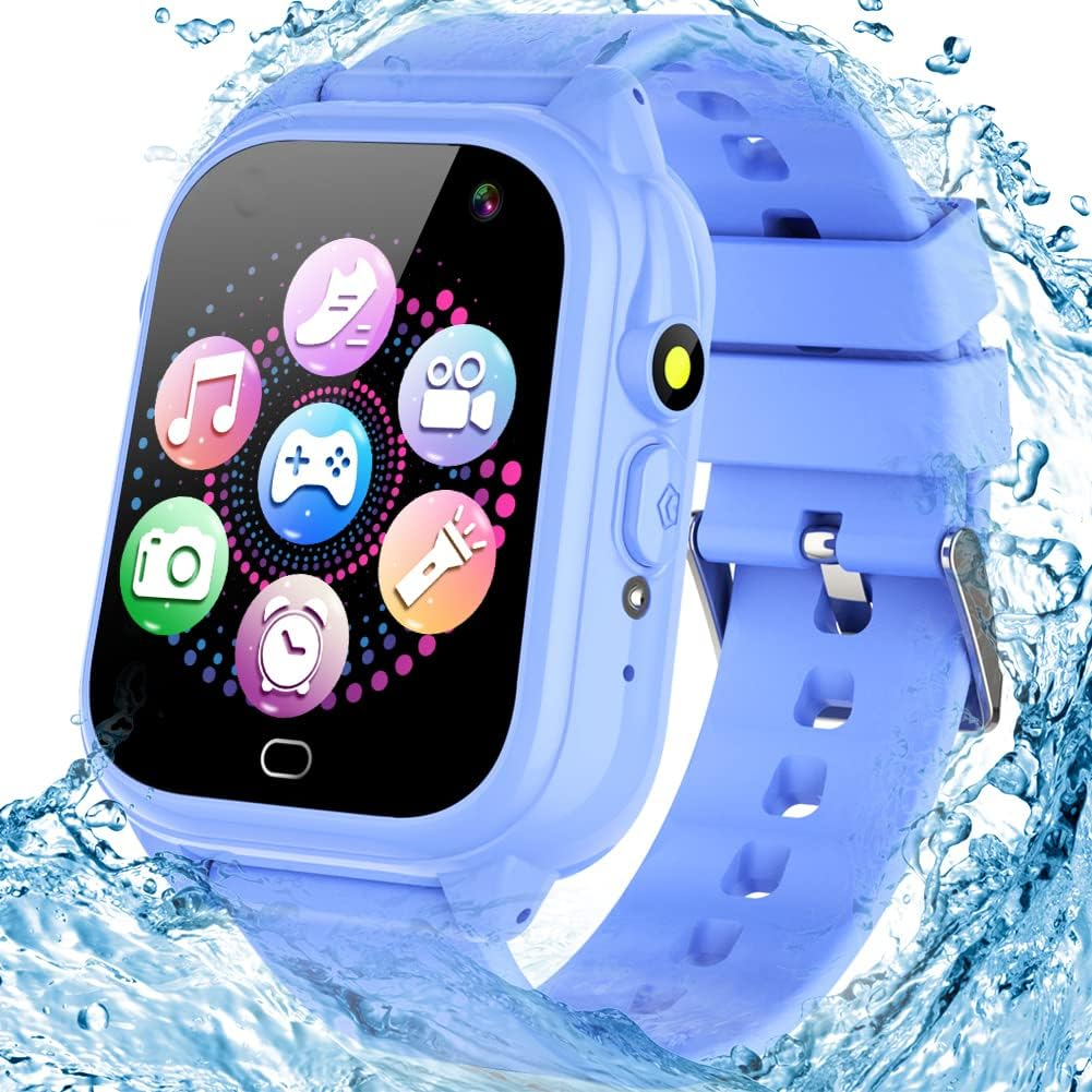 Kids Waterproof Game Watch Learning Toys with 26 Game HD Camera 1.44'' Touchscreen Pedometer Video Music Player Alarm Clock Calculator Smart Watch for Girls Boys 3-12 Years Old (Blue)