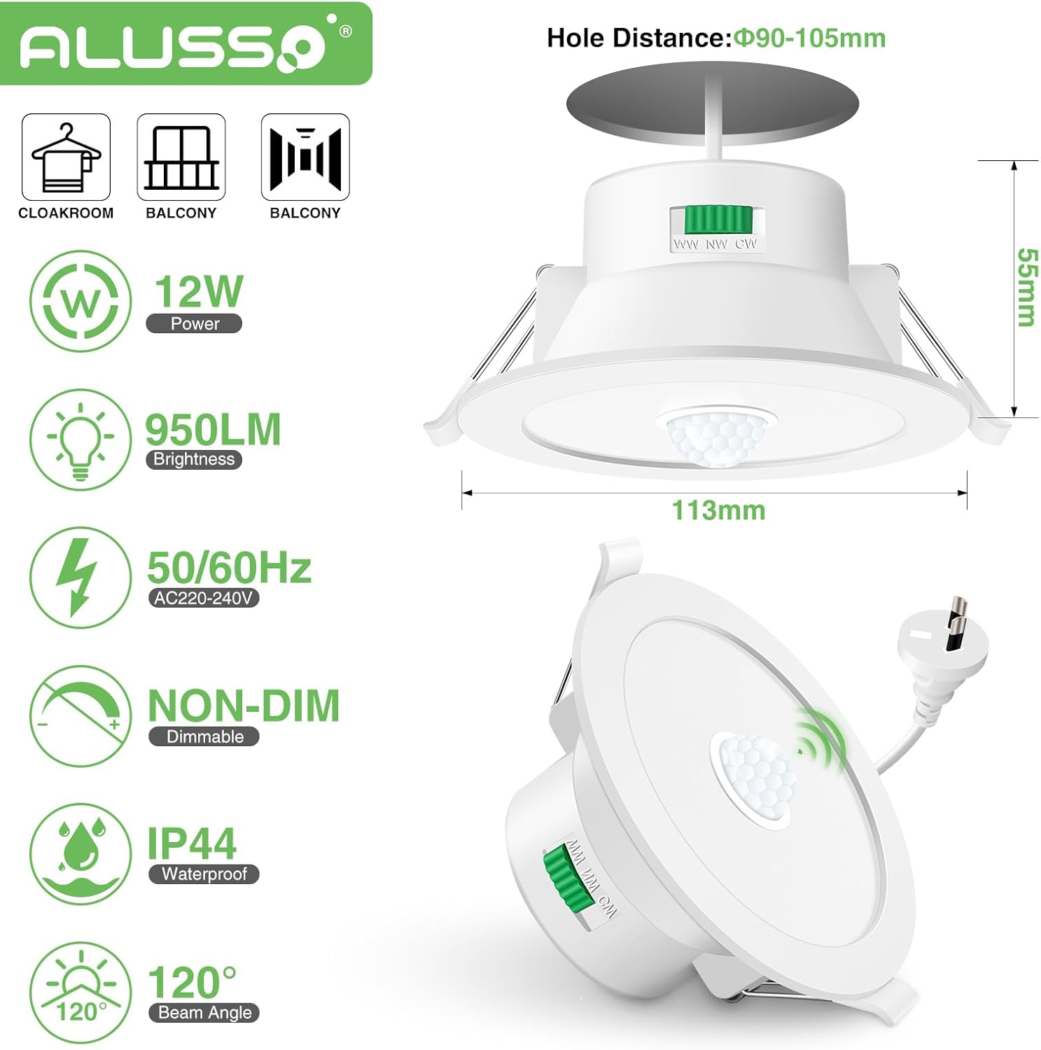 ALUSSO LIGHTING LED Recessed Ceiling Light with Motion Sensor, 12W 90-100Mm Cutout 3000K Warm/4000K Neutral/6500K Cool White Selectable Downlight, IP44 Waterproof for Balcony Corridor Entrance image number 1