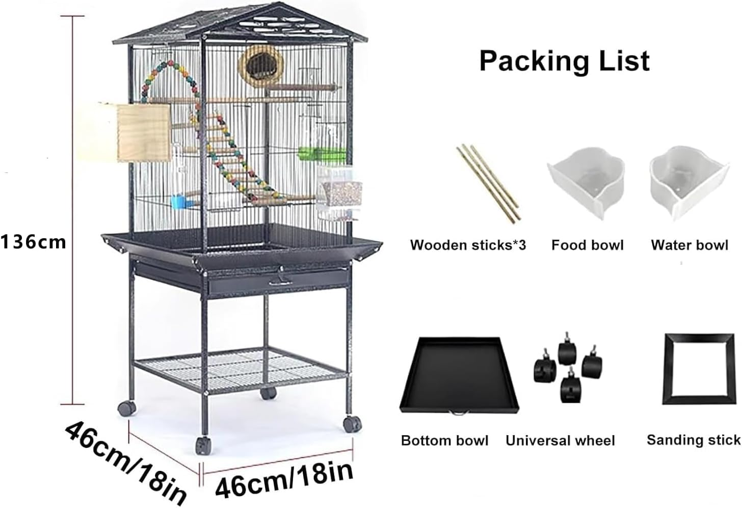 Bird Cage 46 X 46 X 136Cm Large Guinea Pig Pet Birds Parrot Ferret Cages Aviary Budgie Finch Canary Stand Toys,Black 2 Perch with Wheels W/Brake + Slide-Out Removable Tray image number 4