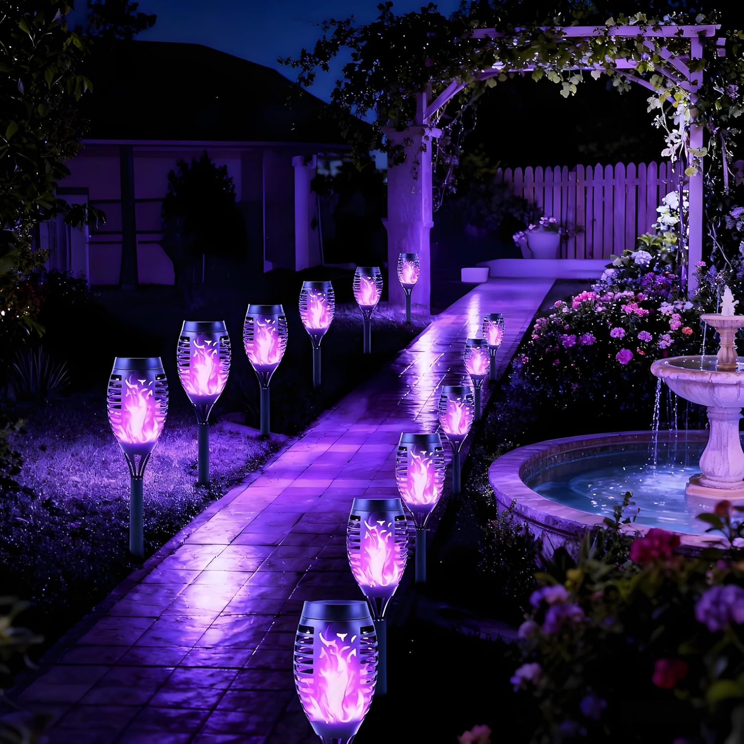Solar Lights Outdoor Garden, 12 Pack Solar Flame Lights LED Warm Flickering Flames Waterproof Solar Torch Lights Garden Ornaments Landscape Lighting Auto On/Off for Pathway Yard Decoration(Purple) image number 2
