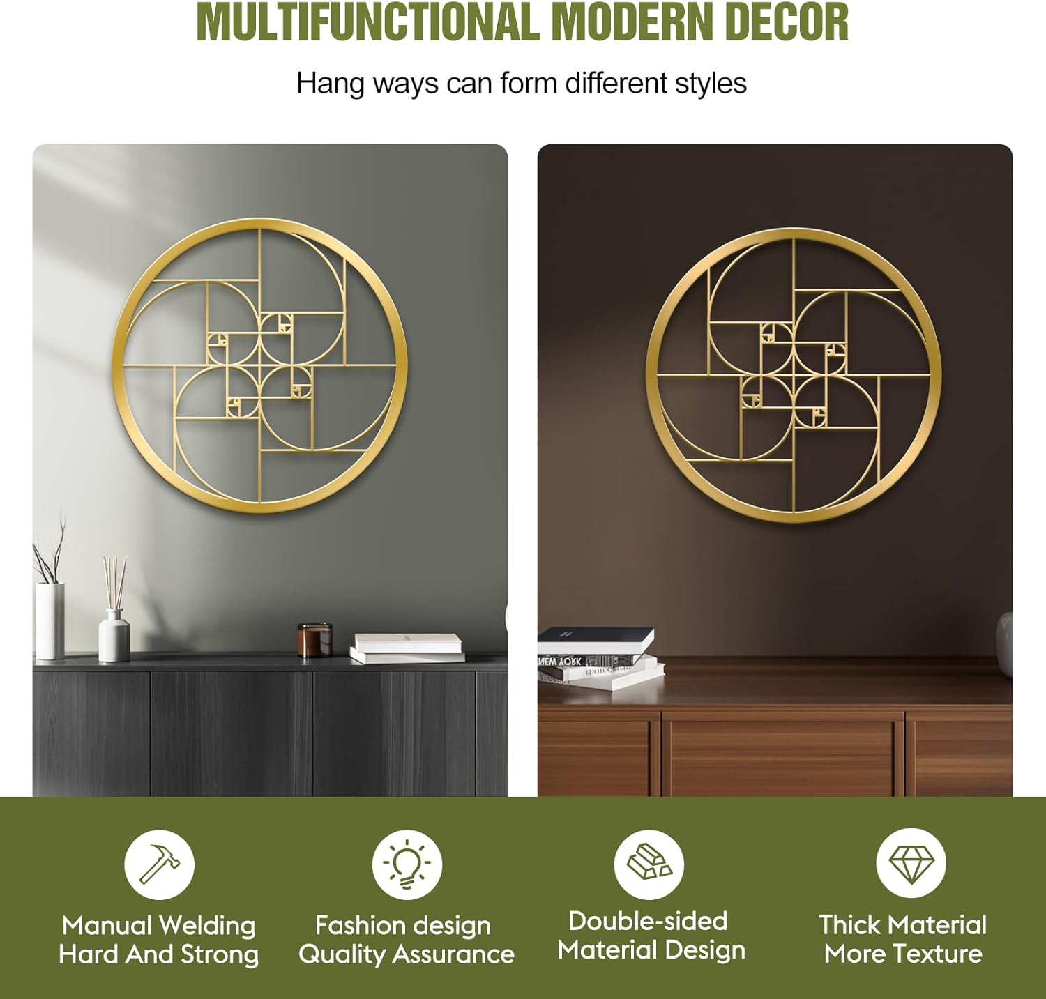 WINUSD 12In Fibonacci Spiral Gold Metal Wall Art, Math Art Fibonacci Spiral Metal Wall Art Decor, Geometric Wall Decoration for Living Room, Office, Outdoor, Indoor image number 5