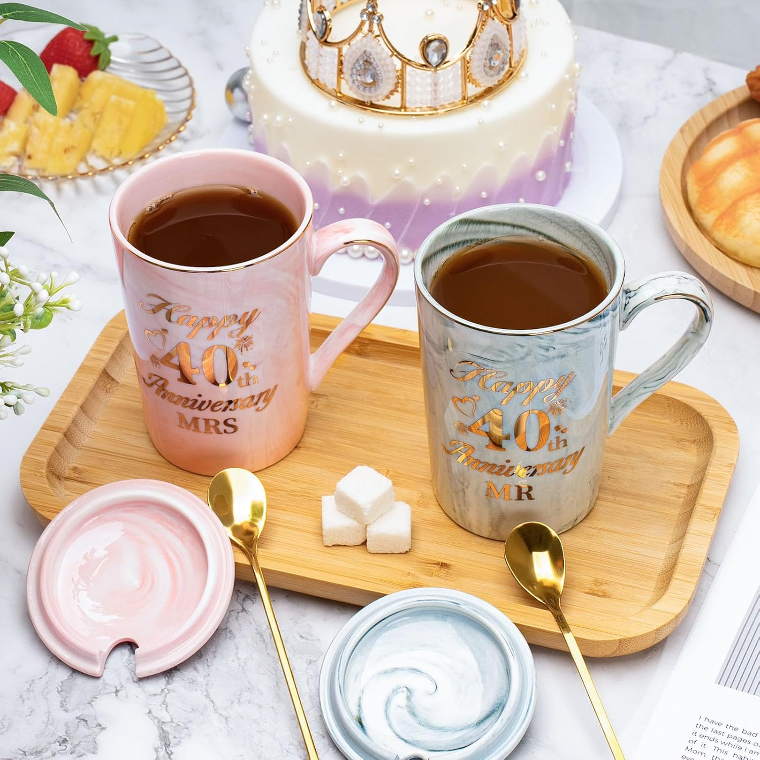 Ruby Anniversary Wedding Gifts, 40Th Anniversary Wedding Gift, 2PCS Happy 40Th Weddin-G Anniversar-Y Mr Mrs Gift Marble Ceramic Cups Set 14Oz, Ruby Anniversar-Y Couple Gifts for Parents, Grandparents