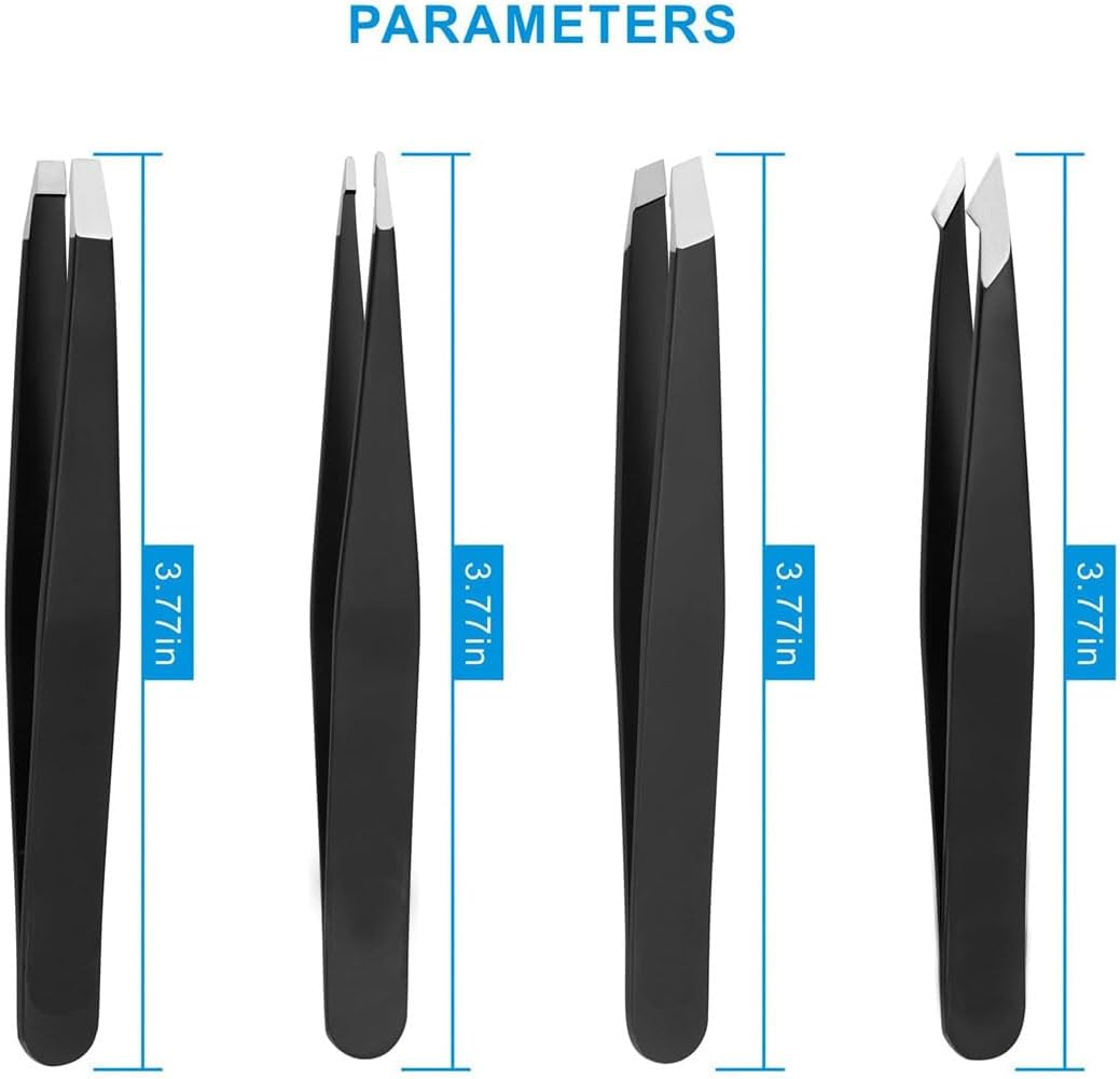 Idopick 4 Pack Tweezers Set, Professional Stainless Steel Tweezers for Eyebrows Great Precision for Facial Hair, Splinter and Ingrown Hair Removal with Leather Travel Case,Black image number 3