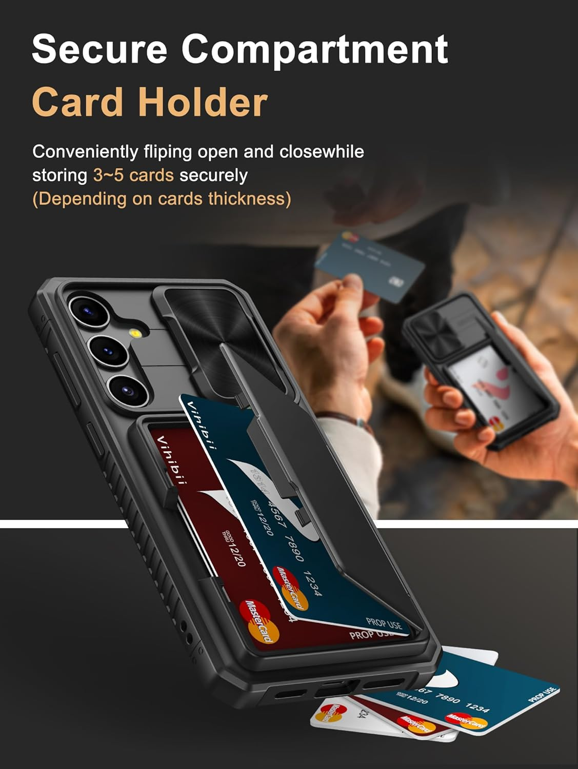 Vihibii for Samsung Galaxy S24 plus Case with Card Holder (4 Cards) & Slide Camera Cover & Kickstand, Shockproof Rugged Hard Back & TPU Soft Edge Wallet Case for Galaxy S24 plus 5G 6.7" 2024, Black image number 3