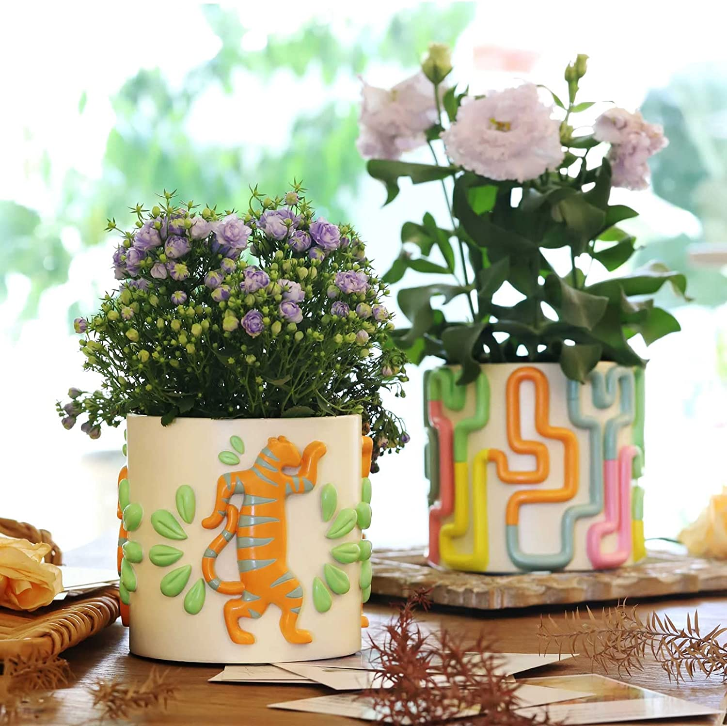 GUGUGO Colorful Squiggle Lines Planters Cute Unique Rainbow Planter with Drainage, Vintage Retro Flower Plant Pots for Indoor & Outdoor Plants, Eclectic Succulent Gardening Pot for Boho Modern D&eacute;cor