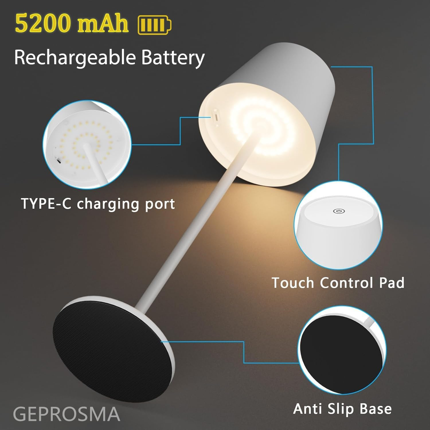 2 Pack Cordless Bedside Table Lamp Rechargeable Battery 5200Mah, Metal Modern Desk Lamp 38CM,3 Colors LED Touch Stepless Dimming,Portable Light for Bedroom Nightstand Living Room Dining Table Outdoor image number 6