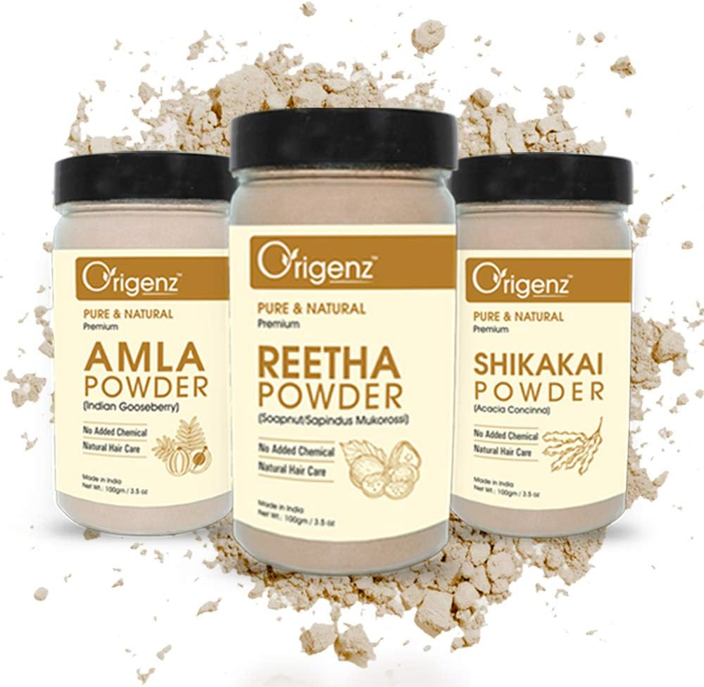 Origenz Reetha, Shikakai and Amla Powder Combo Pack for Hair Care, Wash, Healthy Scalp, Nourishment, Mask, Helps to Control Dandruff, Hairfall | Natural Cleanser | Indian Gooseberry | Sapindus Mukorossi | Acacia Concinna | 300Gm