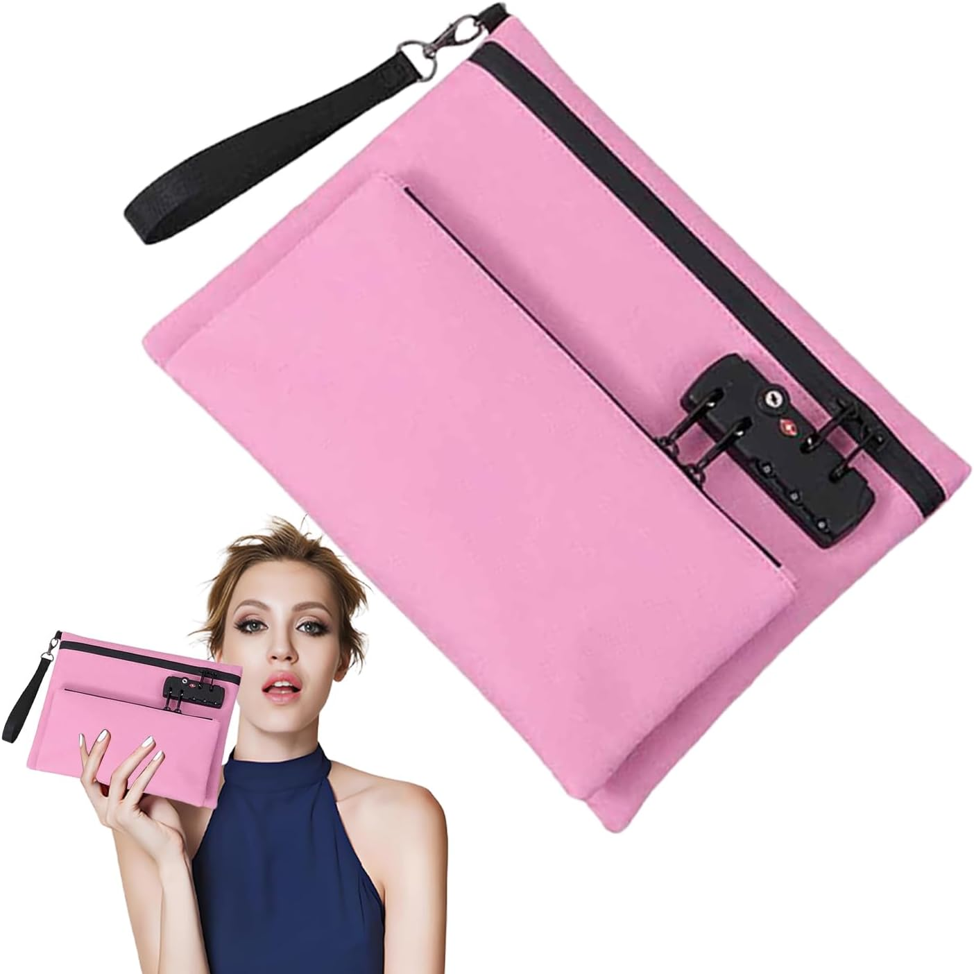 Money Bag with Lock with Zipper - Double Layer Portable Waterproof Money Bag for Banking Pockets Cash Envelopes Wallet for Passport Coin Bills Cosmetics for Camping School Hospital Car