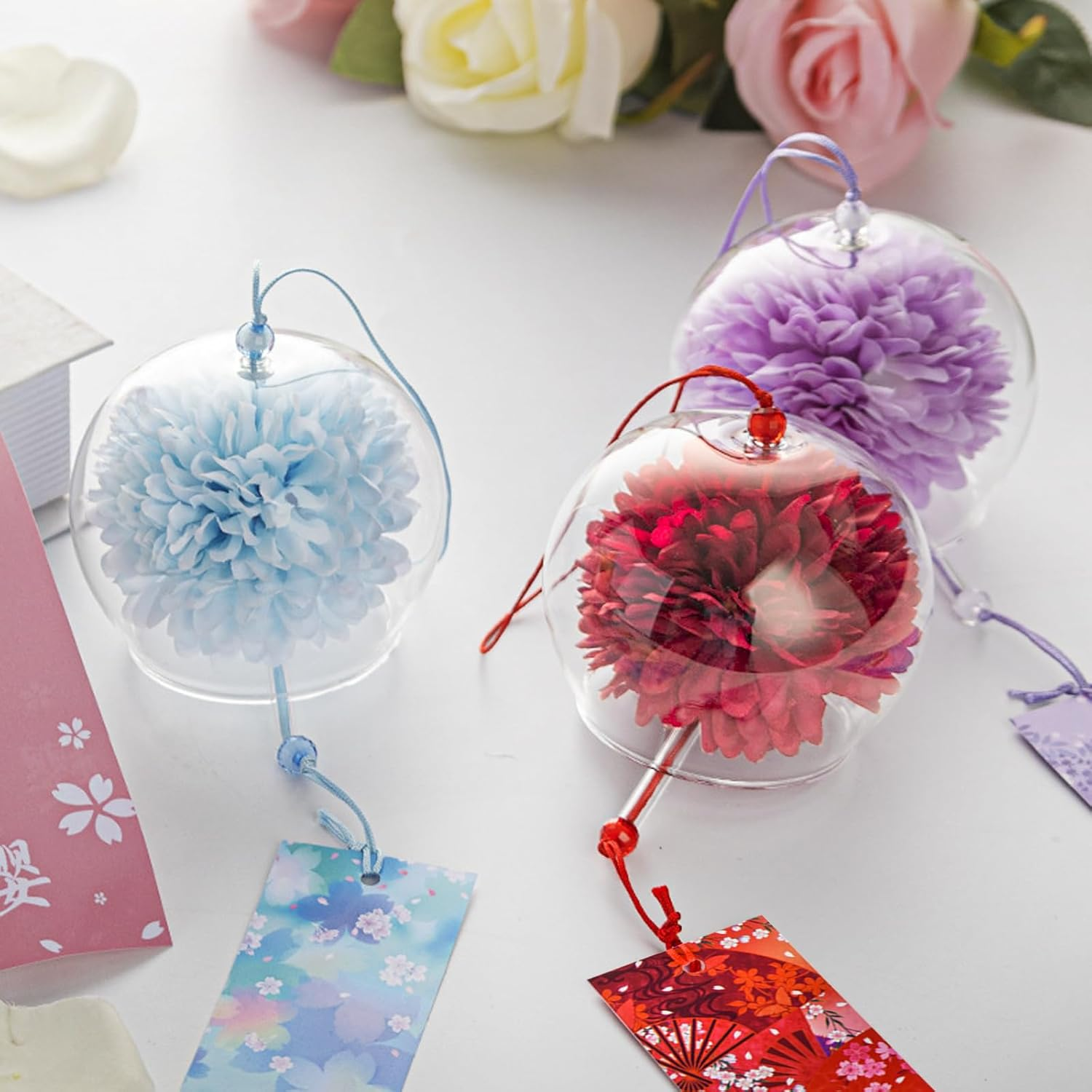 Mrmrkura 6 Pcs Japanese Wind Chimes, Colorful Glass Wind Chimes with Label Handmade Bell Wind Chime Pendent for outside Garden Patio Home Decor (Flower) - Colorful image number 2