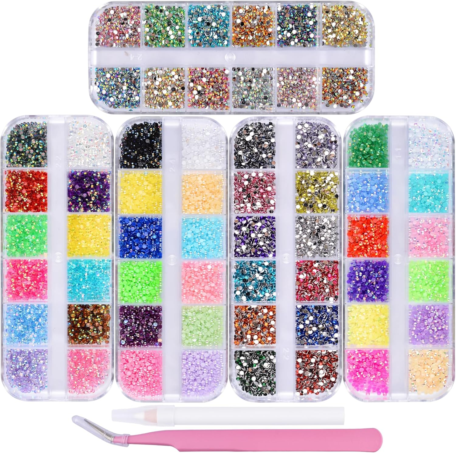 Kikonoke 5 Boxes Nail Art Rhinestones Half Pearls Kit 3D Flatback Jelly Crystal Gems Diamantes Design for Crafts Face Clothes Clothes Glass Decorations DIY (60 Colors 2Mm) image number 4