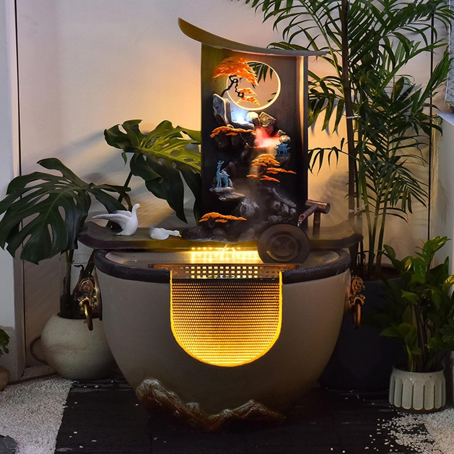 Outdoor Fountain New Chinese Water Fountain with Feng Shui Wheel and Fish Pond, Decorative, Circulating Landscape Ornaments, Suitable for Living Room, Office, Courtyard(Yellow) - Green image number 6