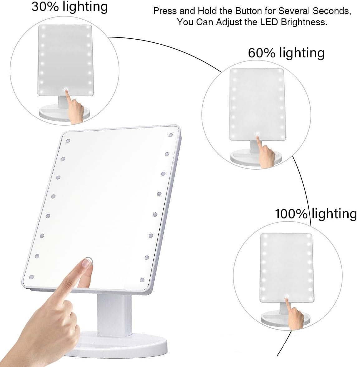 Lighted Vanity Makeup Mirror with 16 Led Lights 180 Degree Free Rotation Touch Screen Adjusted Brightness Battery USB Dual Supply Bathroom Beauty Mirror (White)