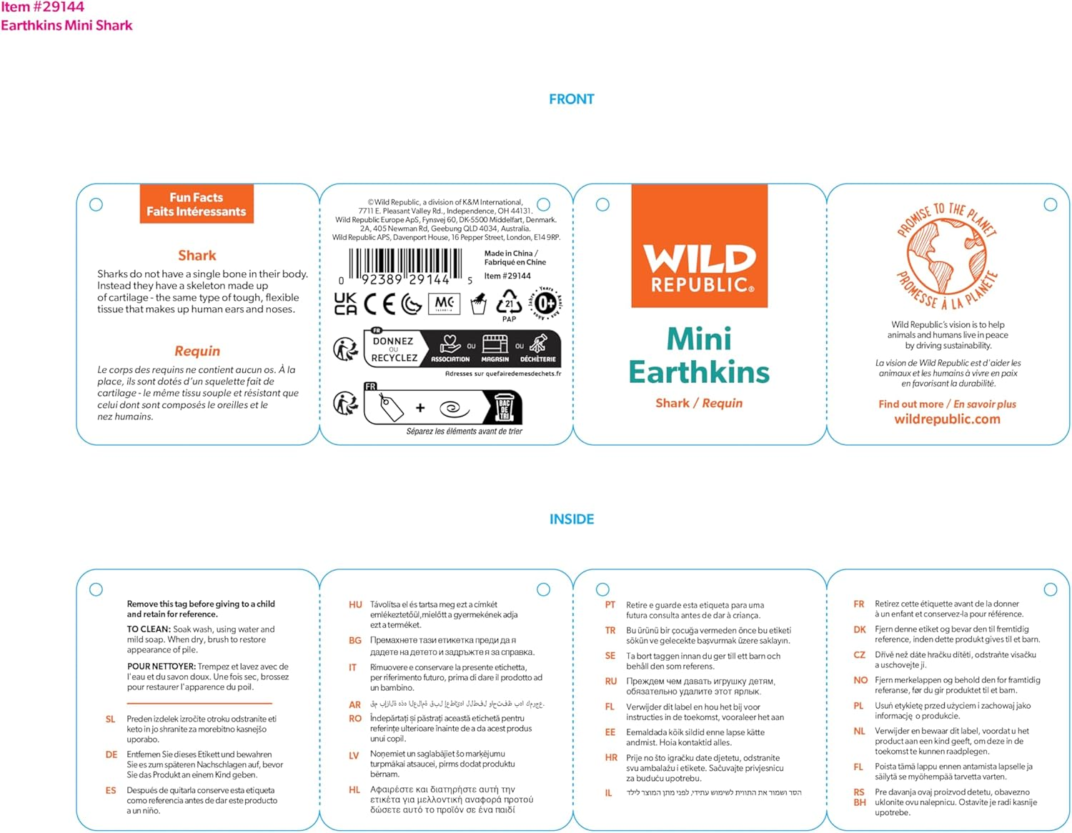 Wild Republic Earthkins Mini Shark, Stuffed Animal, 8 Inch, Plush Toy, Eco-Friendly