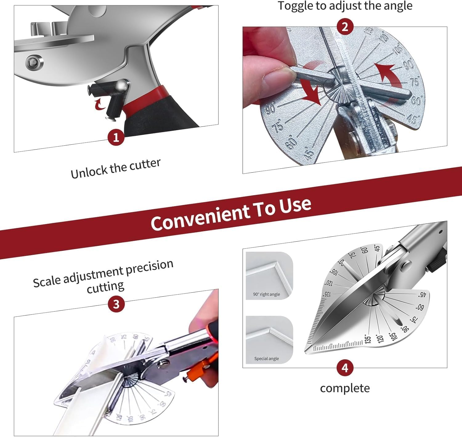 Multi-Angle Miter Shears - Adjustable 45&deg;-135&deg; Angular Trim Cutter Tool for Soft Wood, Plastic & PVC Molding, Shoe Molding with 2 Replacement Blades, Heavy Duty Miter Scissors for DIY Carpentry