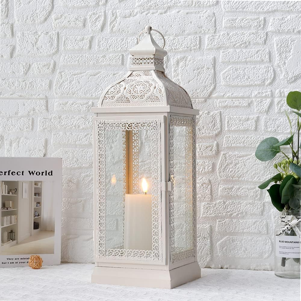 TRIROCKS Rustic Style Metal Candle Lantern 32CM High Decorative Hanging Lantern Candle Holder with Clear Glass Perfect for Living Room Garden Yard Patio Parties Events Indoors Outdoors(White) image number 6