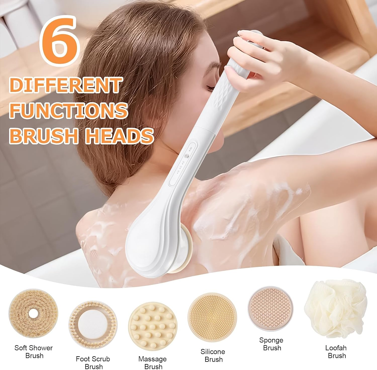 LINGSFIRE Electric Body Brush Rechargeable Back Scrubber for Shower Exfoliating Bath Brush Long Handle for Shower Lotion Applicator for Back Silicone Body Scrubber with 6 Shower Brush Heads image number 6