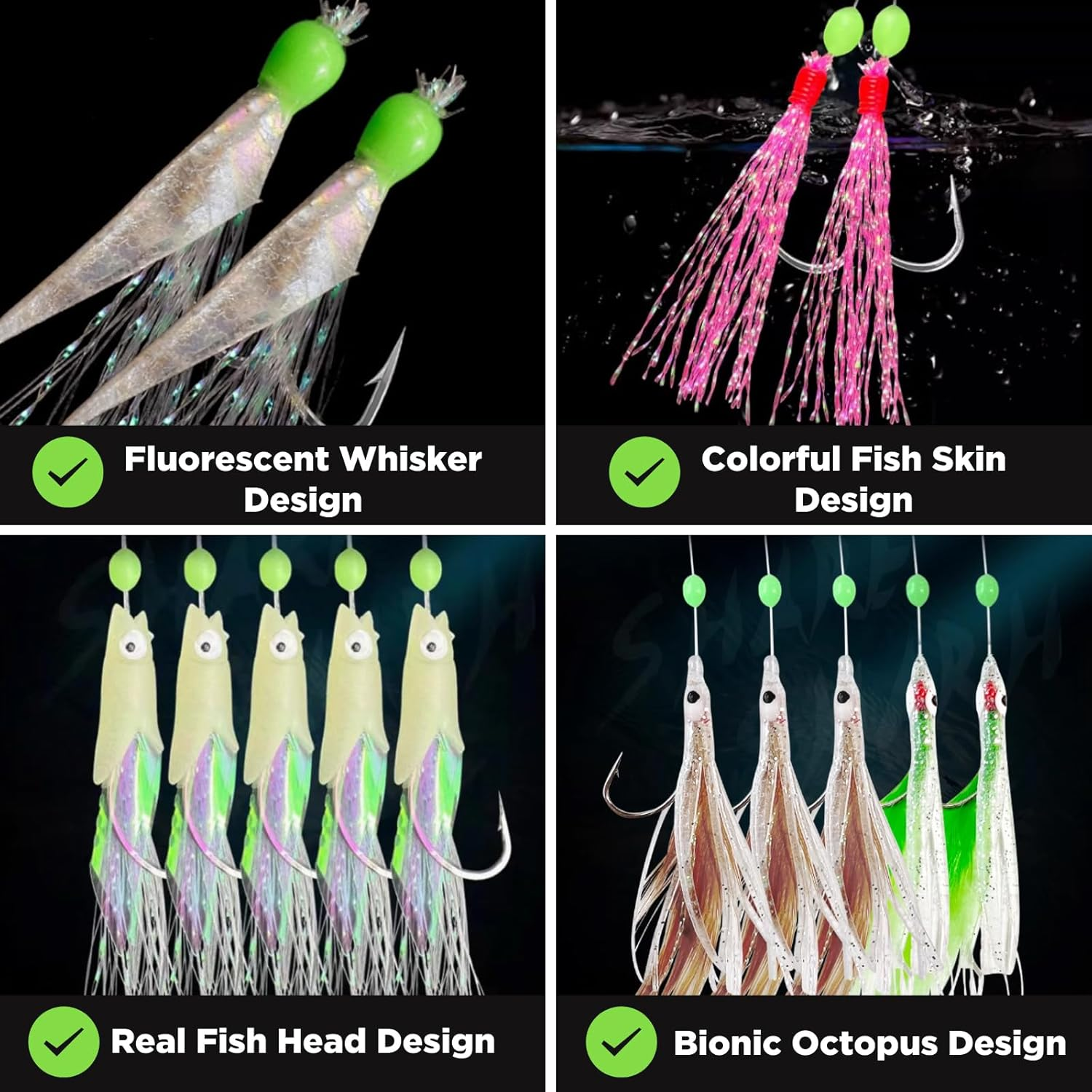 EWEIS 5 Pcs Pre Tied String Fishing Hook with Bionics Lures Bait Rigs,Carbon Steel Barbed 5 Hooks Set with Quick Swivels Snaps and Glow Rigs Beads,Sabiki Flasher Fish Bites Bait for Saltwater image number 5