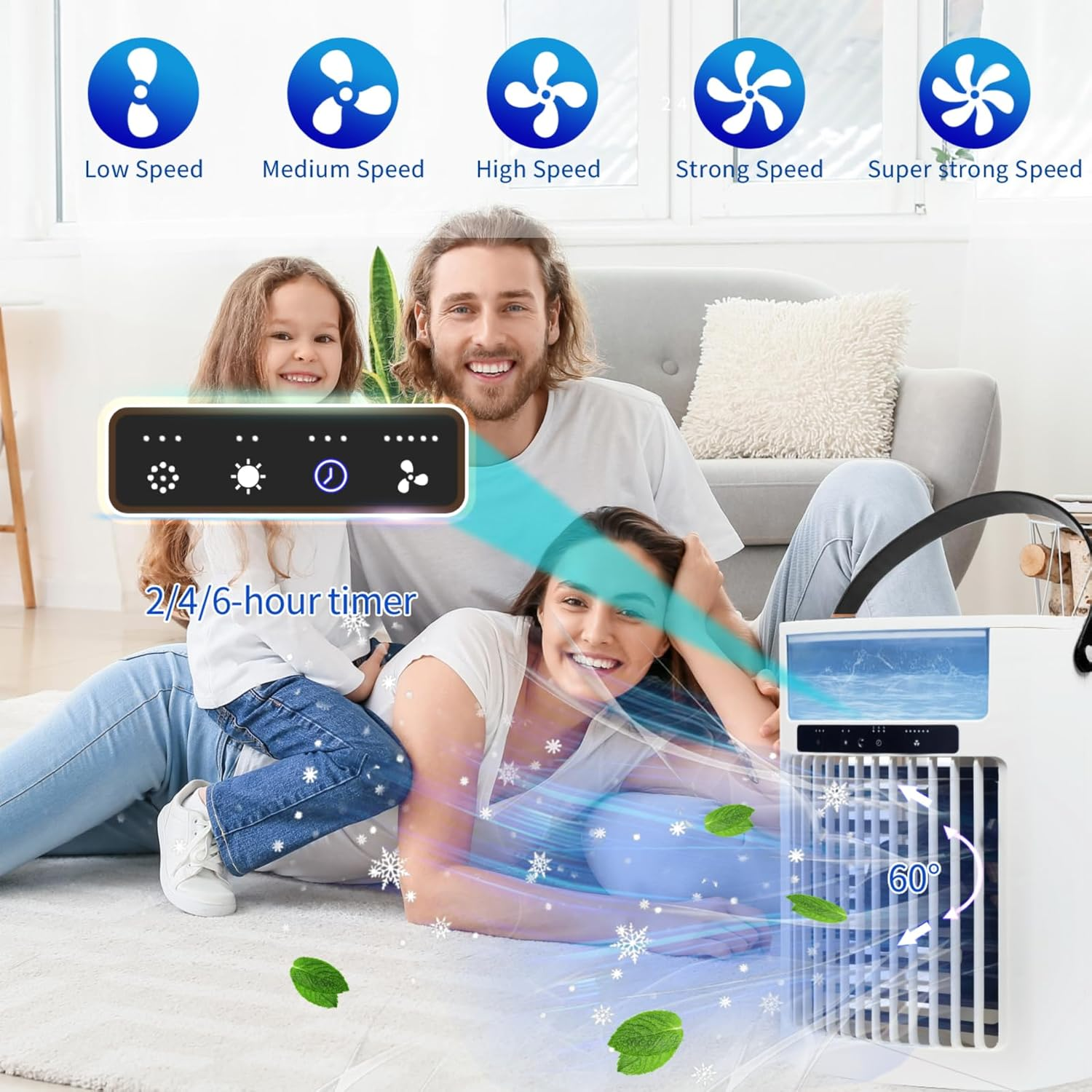 Portable Air Conditioner, 4 in 1 Air Cooler 1000ML Water Tank, Personal Fan 5 Speeds & 3 Spray Modes Timing Evaporative Air Cooler, 7 Color Night Light, Desk Cooling Fan for Bedroom Office Living Room - White image number 4